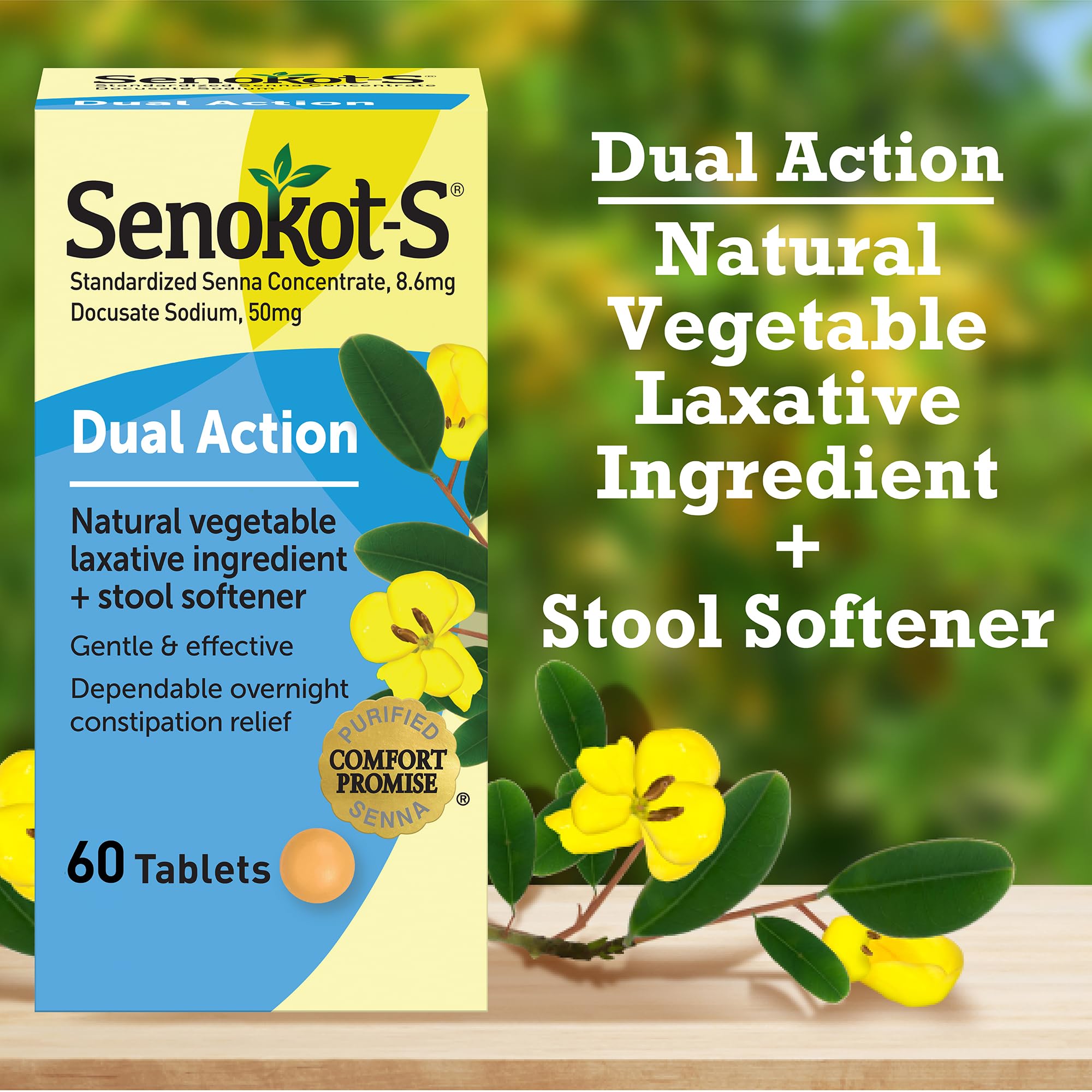 Senokot-S Dual Action 60 Tablets, Natural Vegetable Laxative Ingredient Plus Stool Softener Tablets, Gentle Dependable Overnight Relief of Occasional constipation White