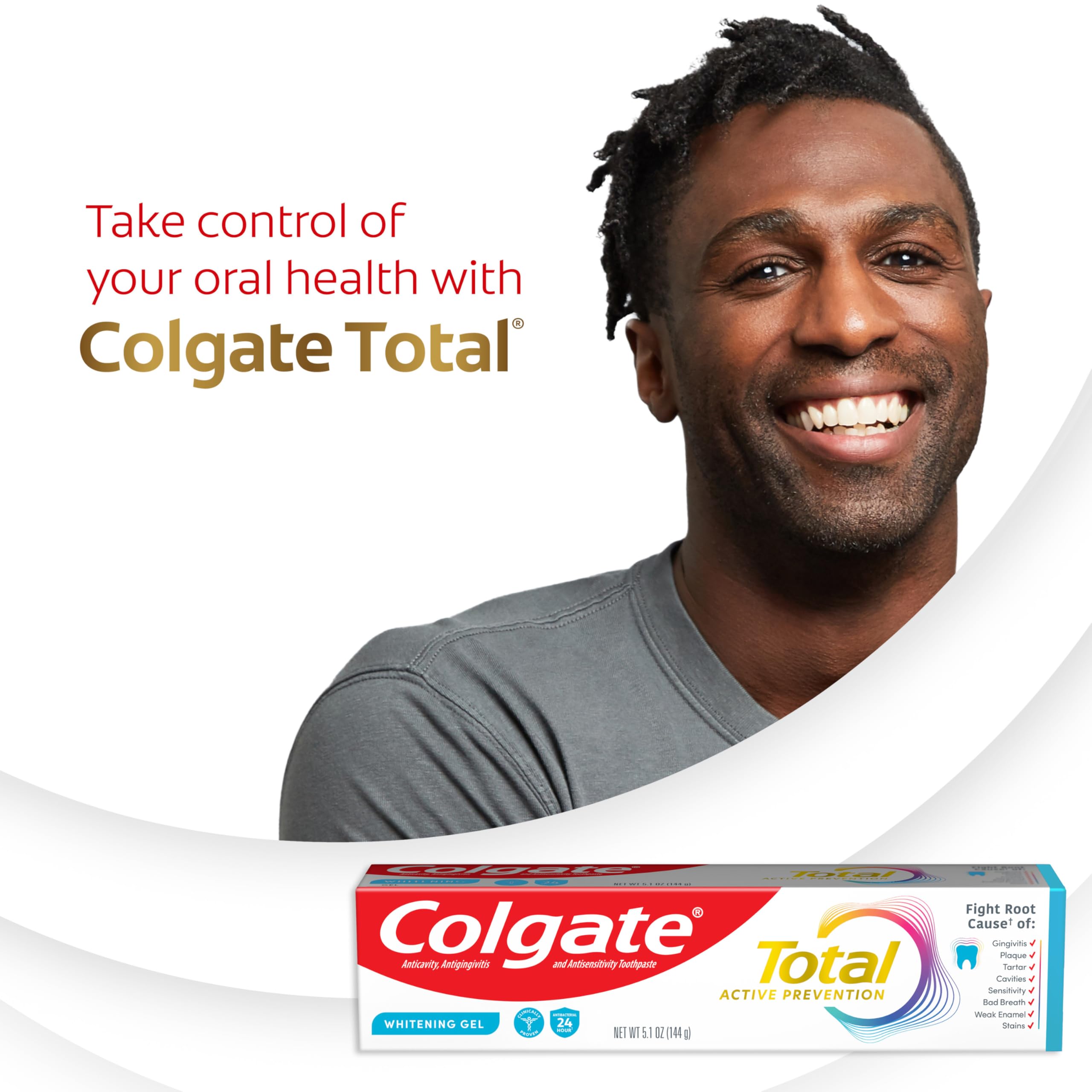 Colgate Total Whitening Toothpaste Gel with Fluoride, Bulk 4 Pack, 5.1 oz