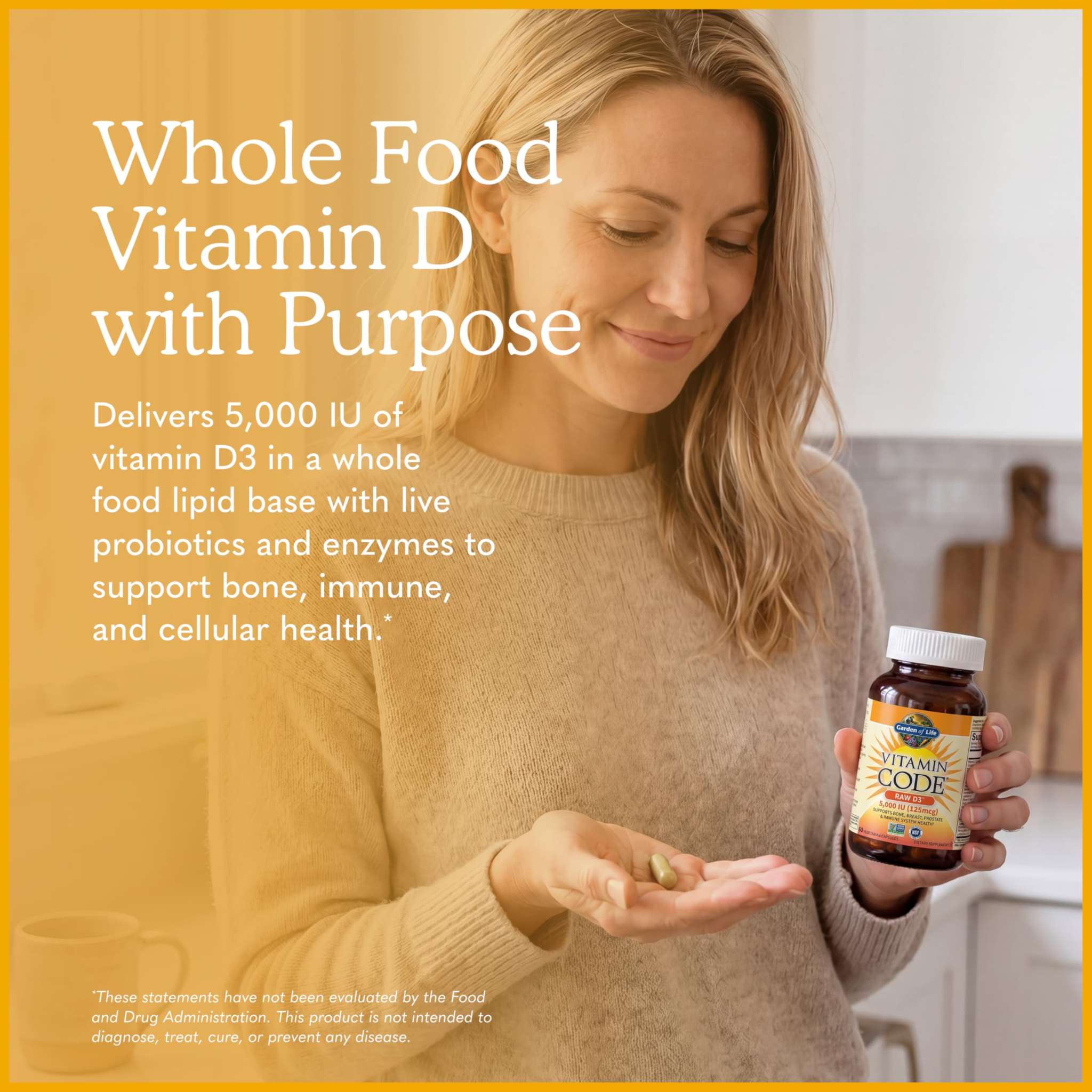 Garden of Life Vitamin D3 5000 IU raw whole food vitamin supplement in a 60-count bottle.