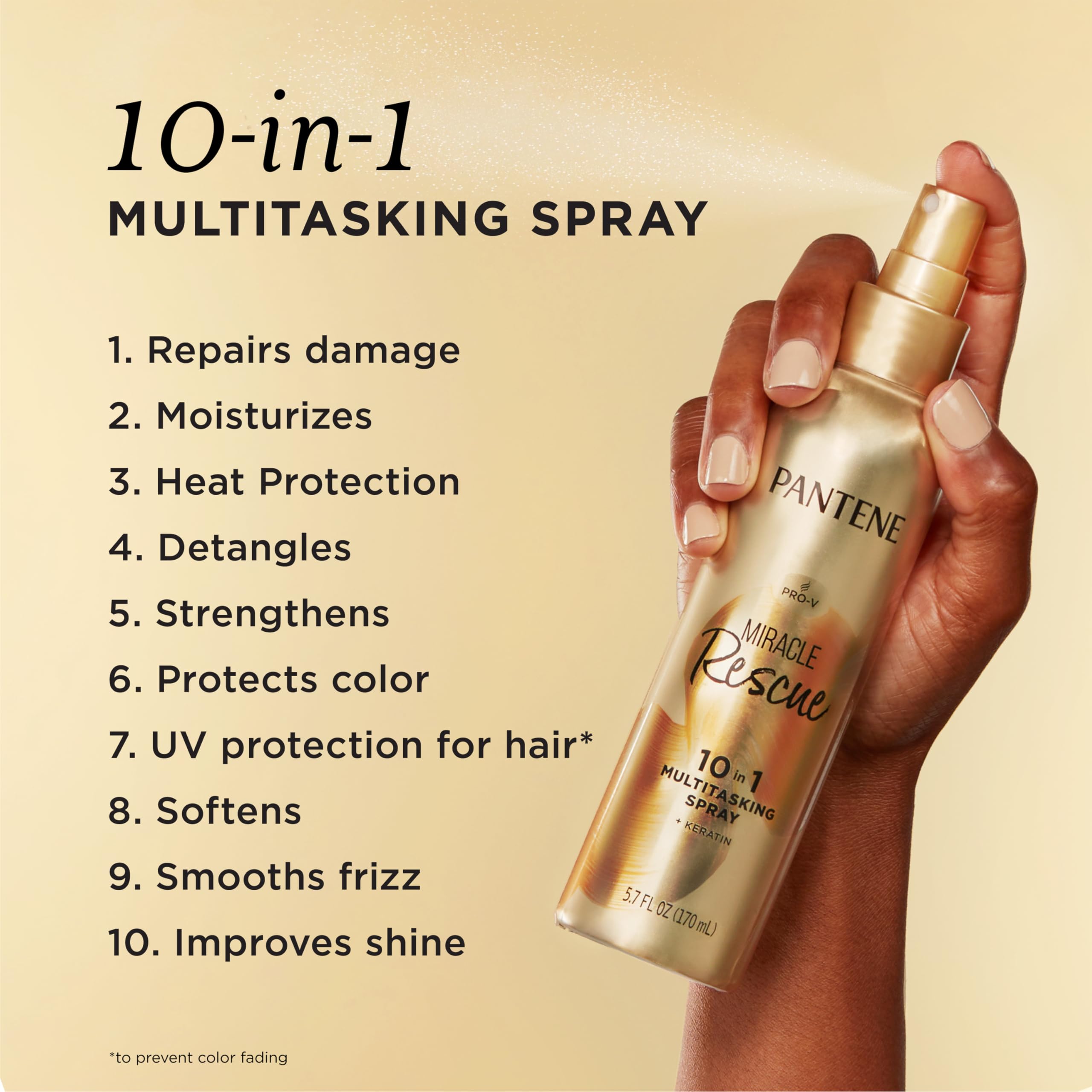 Pantene Miracle Rescue 10-in-1 multitasking hair spray bottle, showing the conditioner packaging with brand logo and product label.