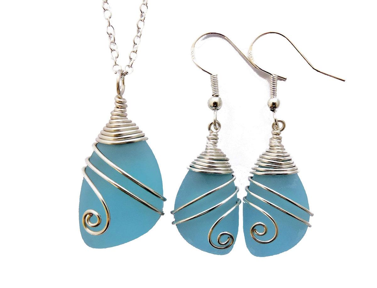 yinahawaii Handmade In Hawaii, Wire Wrapped Sea Glass Necklace and Earrings Set, Birthday Gifts For Women – Turquoise Bl