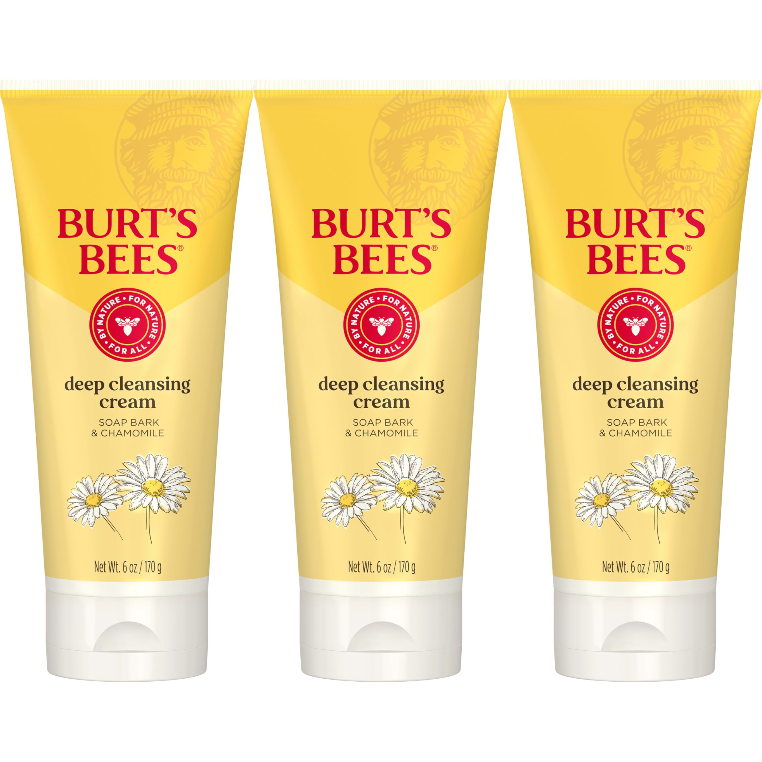 Burt's Bees Deep Facial Cleansing Cream face wash in 6 oz bottles, natural cleanser with chamomile, pack of three, packaging varies.