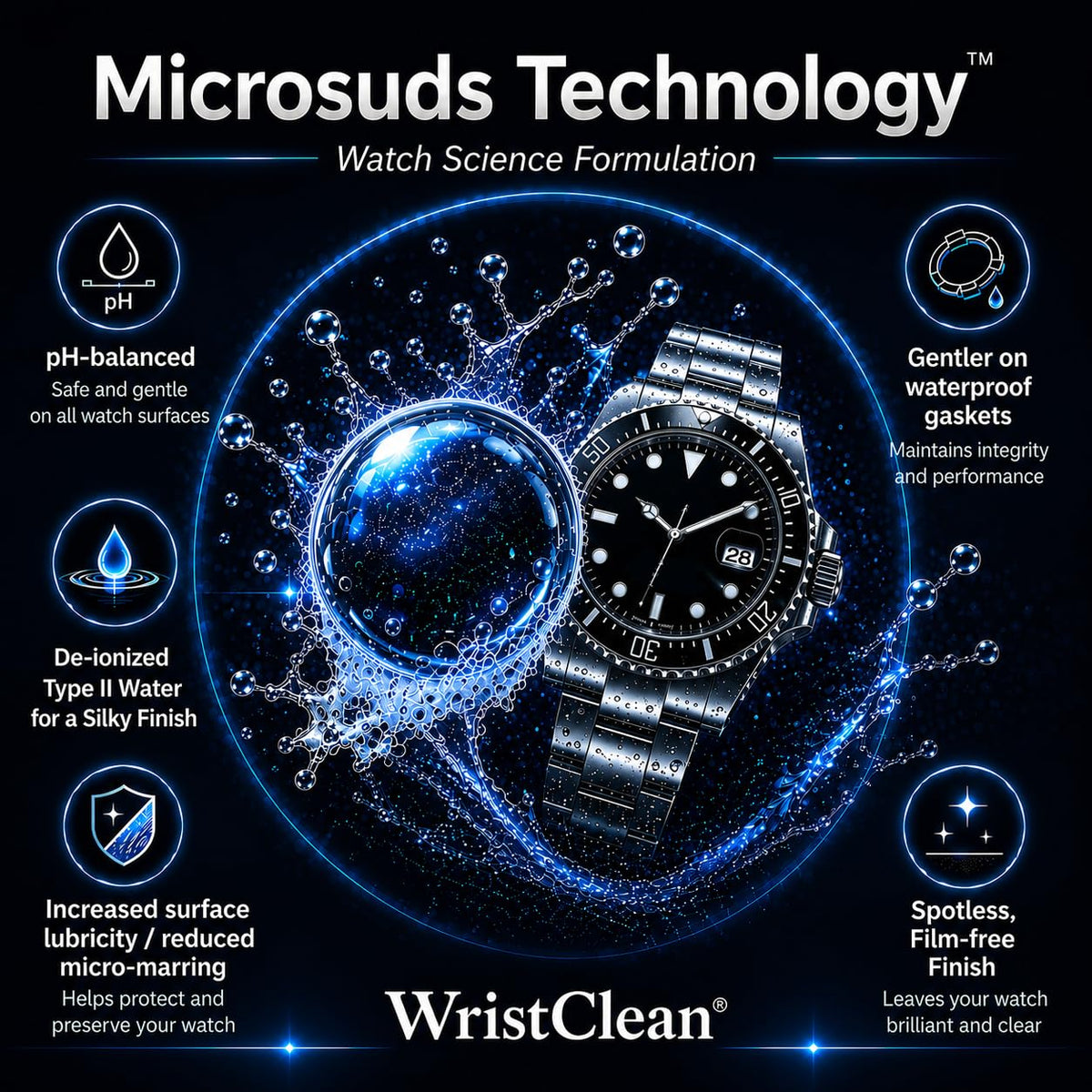 WristClean Royal Watch Cleaning Kit | (1x) Watch Cleaner Foam 100ML, (1x) Large Drying Towel, (2x) Non-scratch Brushes, 