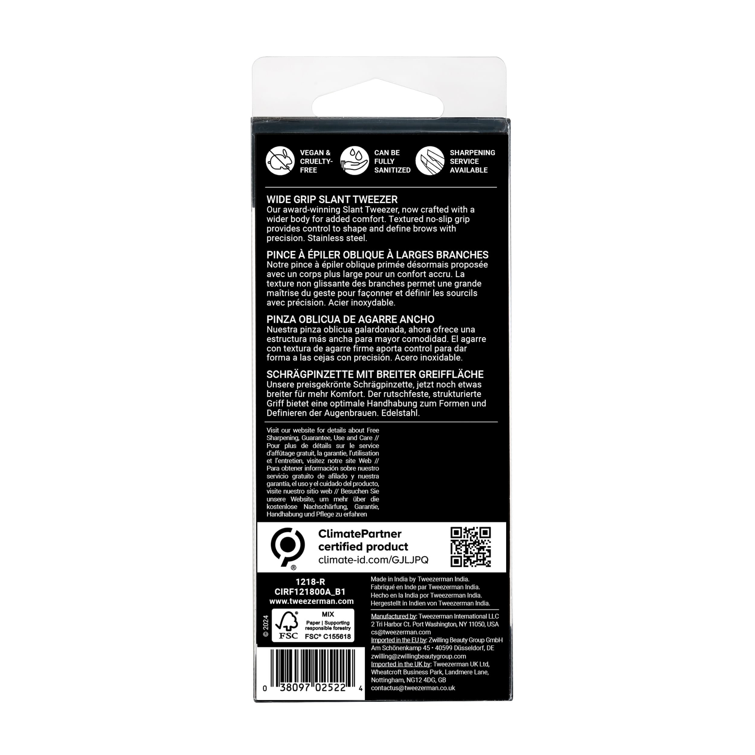 Tweezerman Wide Grip Slant Tweezer made of stainless steel with ergonomic design for precise eyebrow grooming.