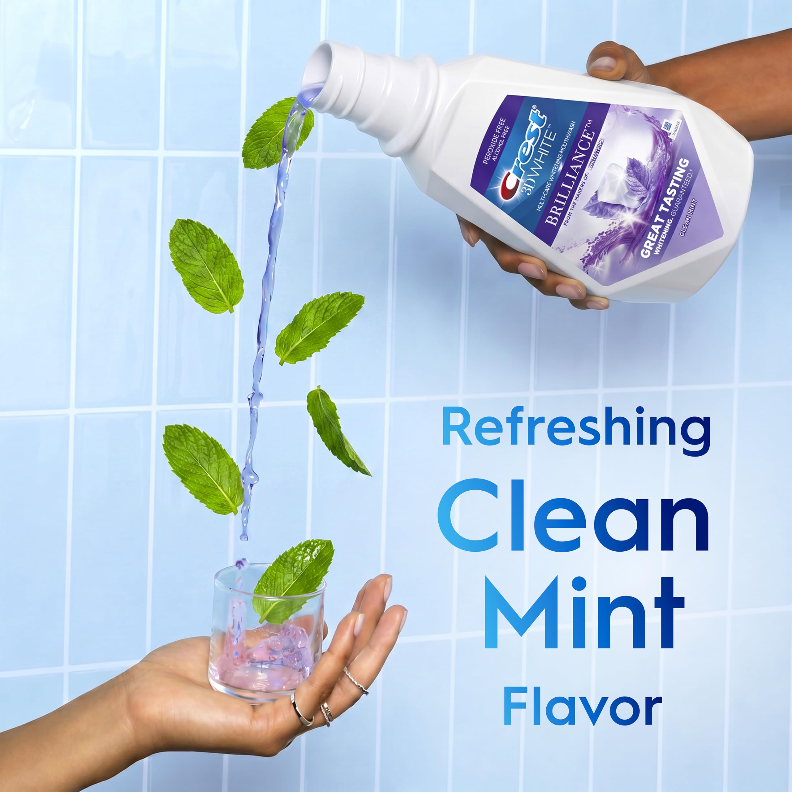 Crest Mouthwash/Mouth Rinse, 3D White Brilliance Whitening, Alcohol Free, Clean Mint, 2x1L (33.8 fl oz)