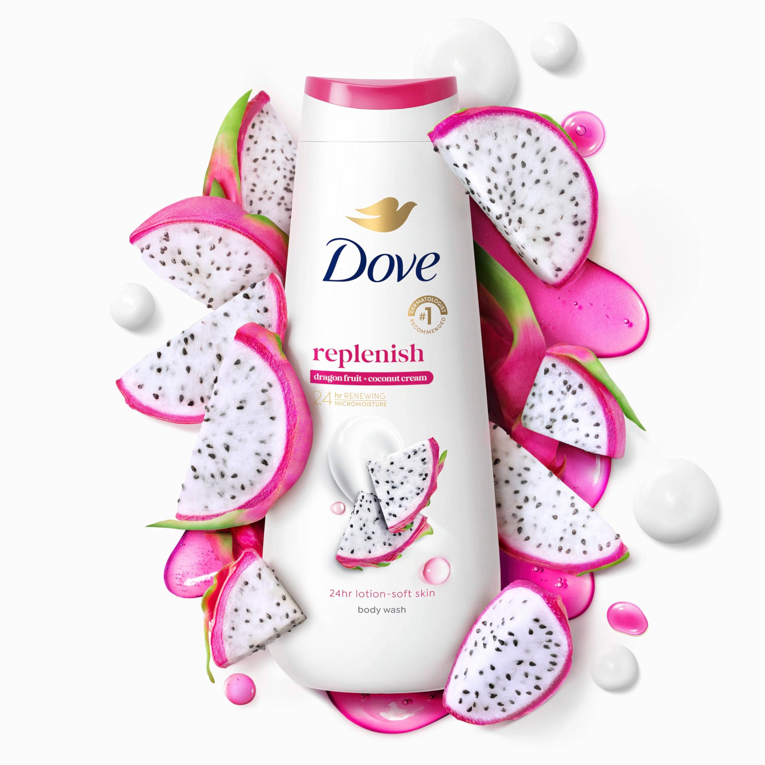 Dove Dragon Fruit & Coconut Cream Body Wash 4-pack bottles with fresh fruit and creamy lather, ideal for moisturizing skin.