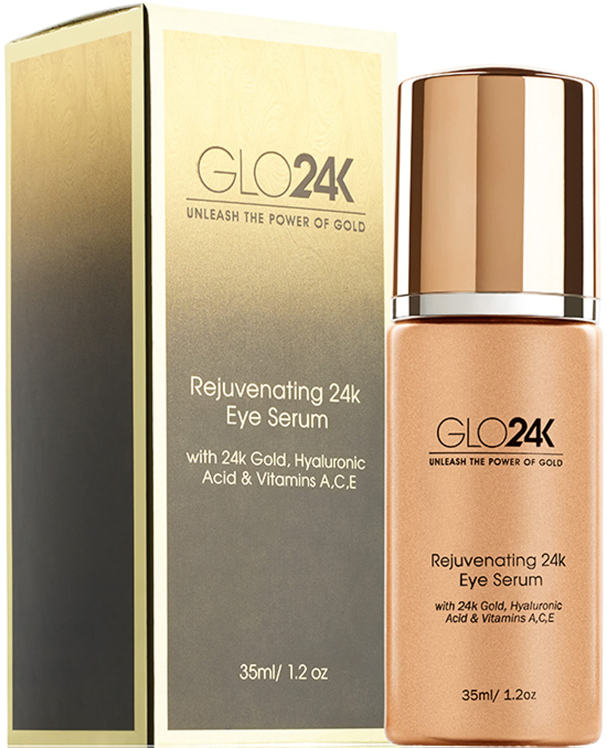 GLO24K Eye Serum with 24k gold, hyaluronic acid, and vitamins A, C, E for delicate skin around the eyes.