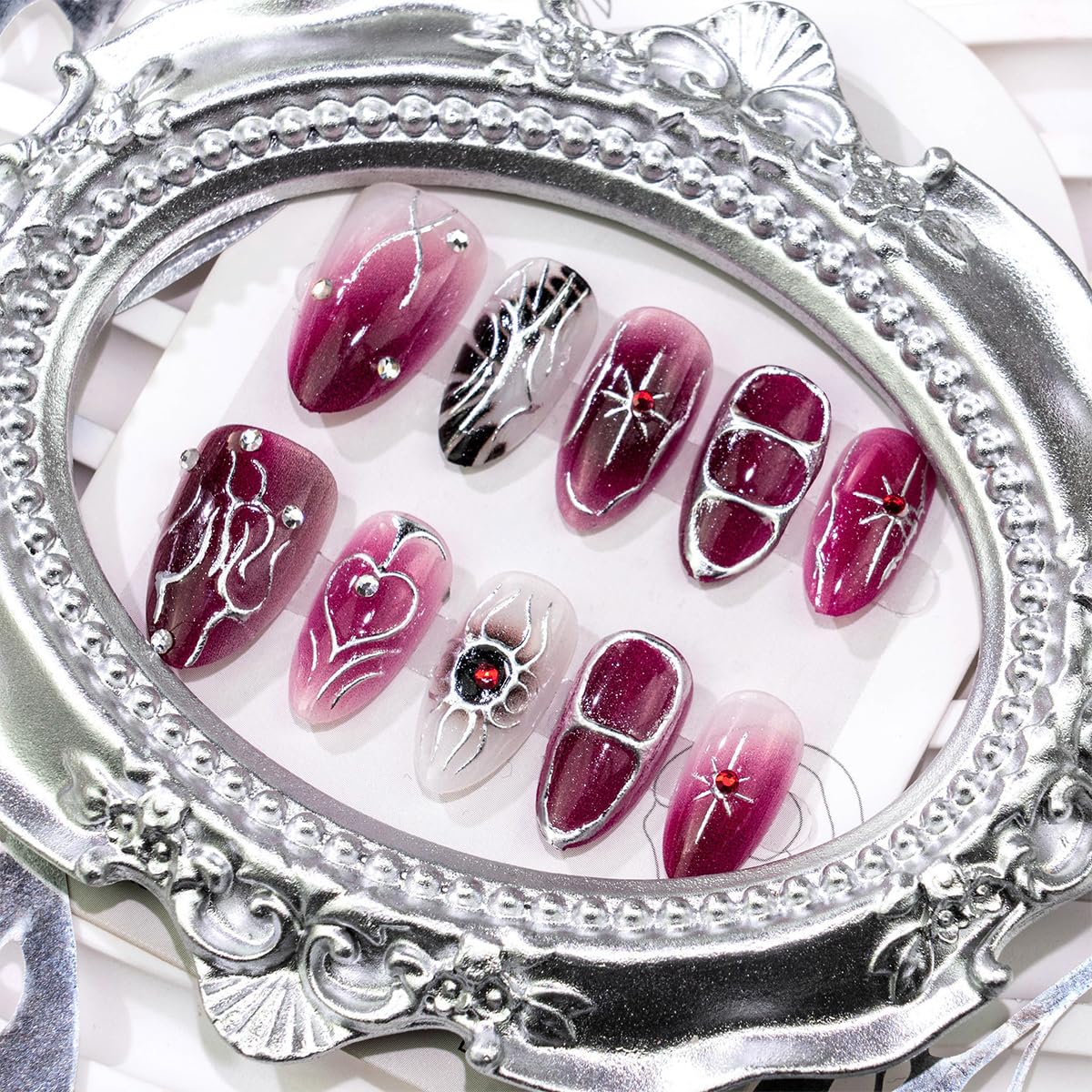 Gothic Press on Nails Medium Almond Dark Purple, Y2K Punk Fake Nails with Rhinestone Silver Star Design, Glossy Acrylic Full Cover False Nails, Cute Goth Stick on Nails Reusable Nails for Women 30Pcs