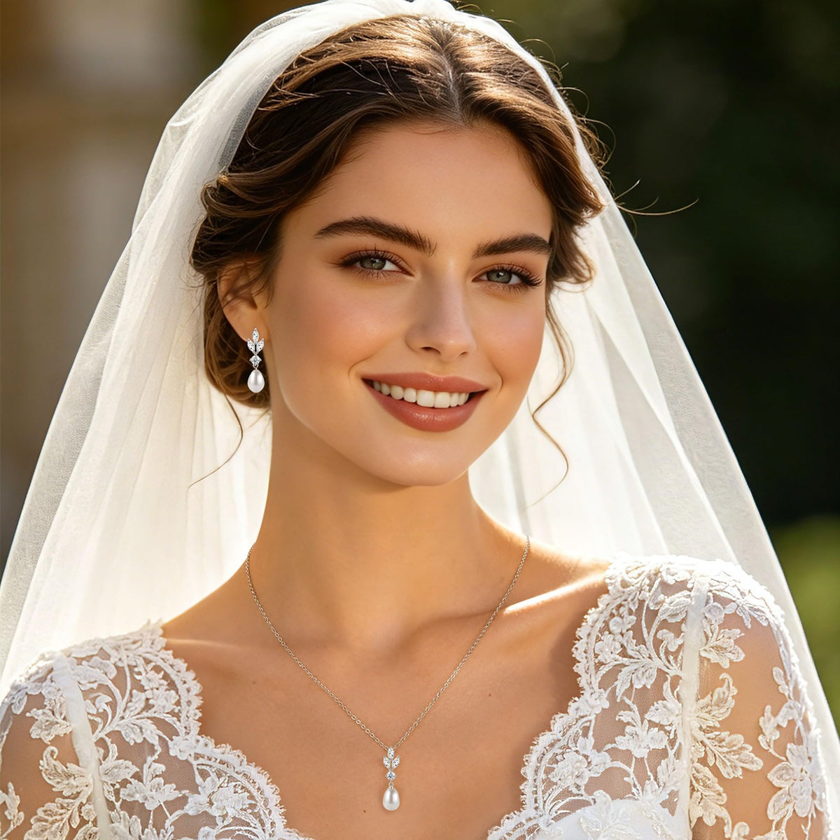 DENGGUANG Freshwater Pearl Jewelry Set for Women, White Pearl Pendant Necklace and Drop Earrings Set with Moissanite, We