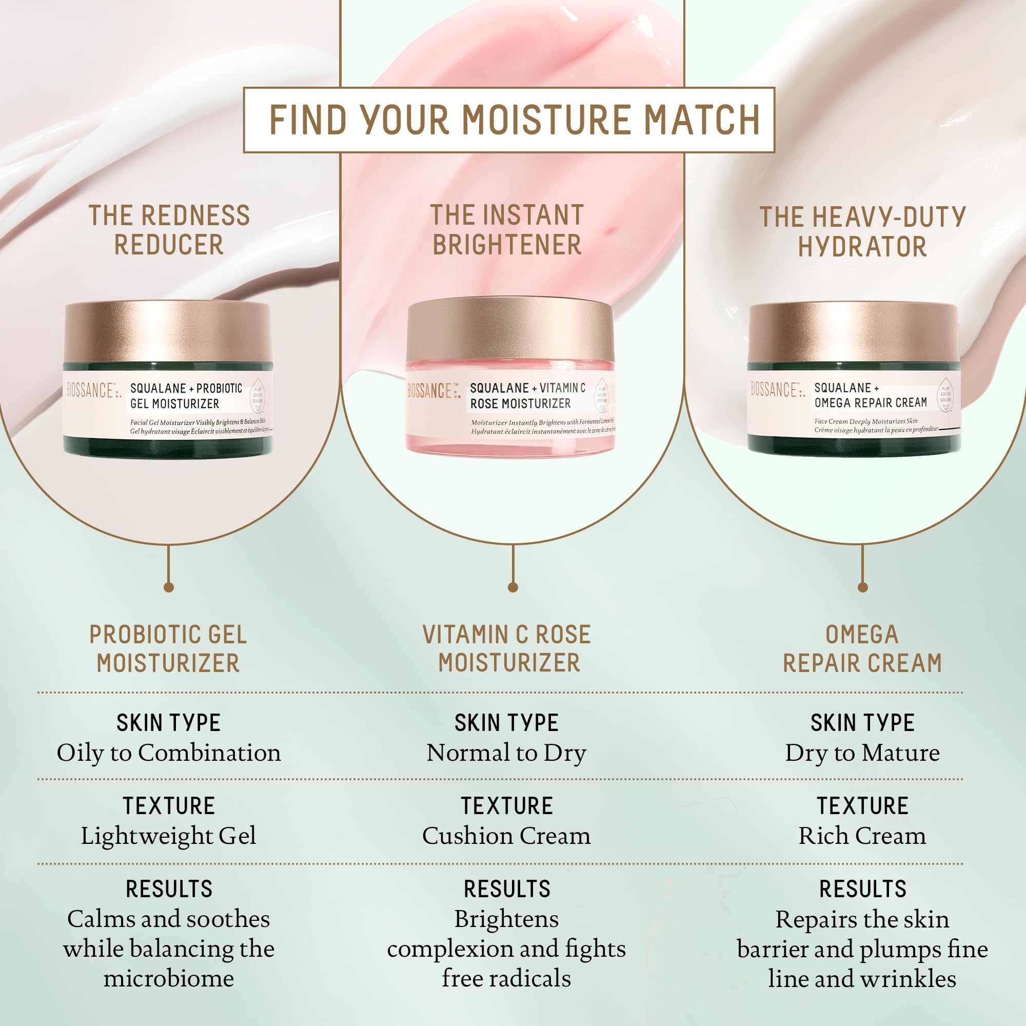 BIOSSANCE Squalane + Omega Repair Cream face moisturizer in 1.7oz jar, showing the creamy product in a sleek container.