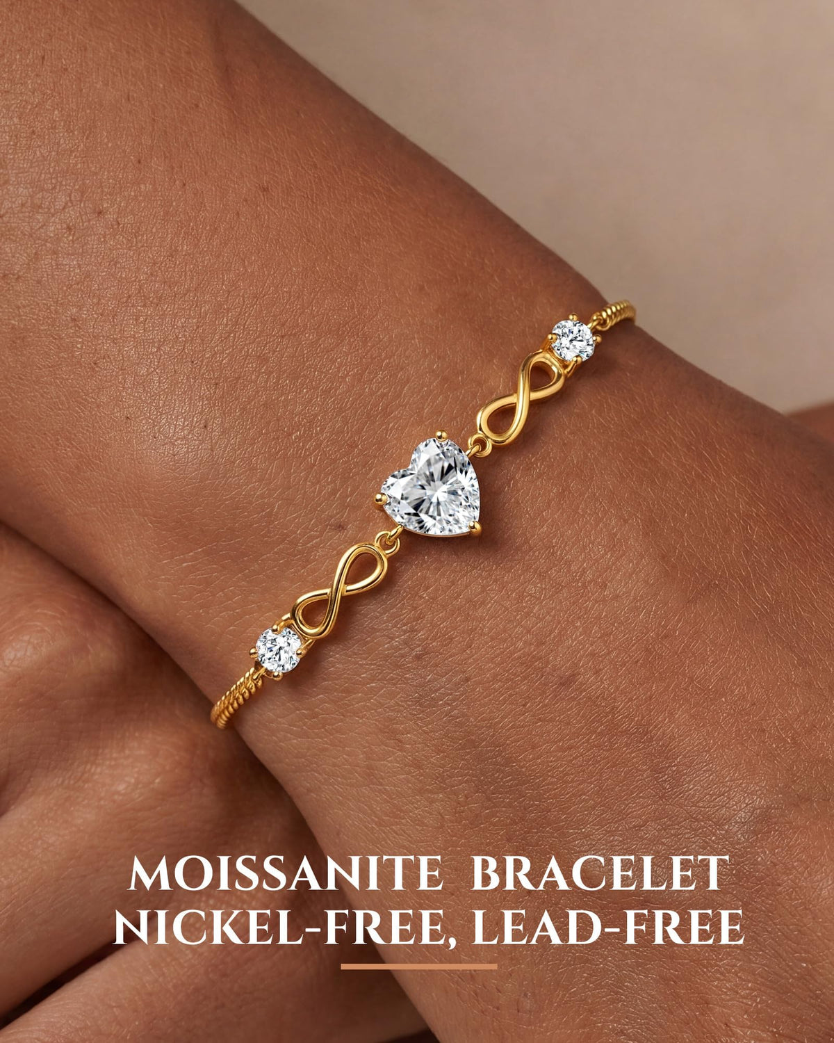 CDE Engraved I Love You Heart Moissanite Bracelets Jewelry Gifts for Women – close-up detail in 18K Gold Plated