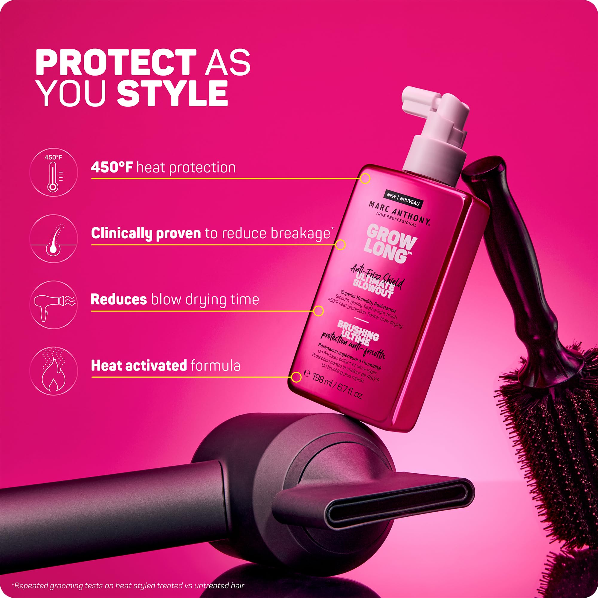 Marc Anthony Grow Long Blowout Anti-Frizz Heat Spray for hair styling, featuring a spray bottle with clear labeling