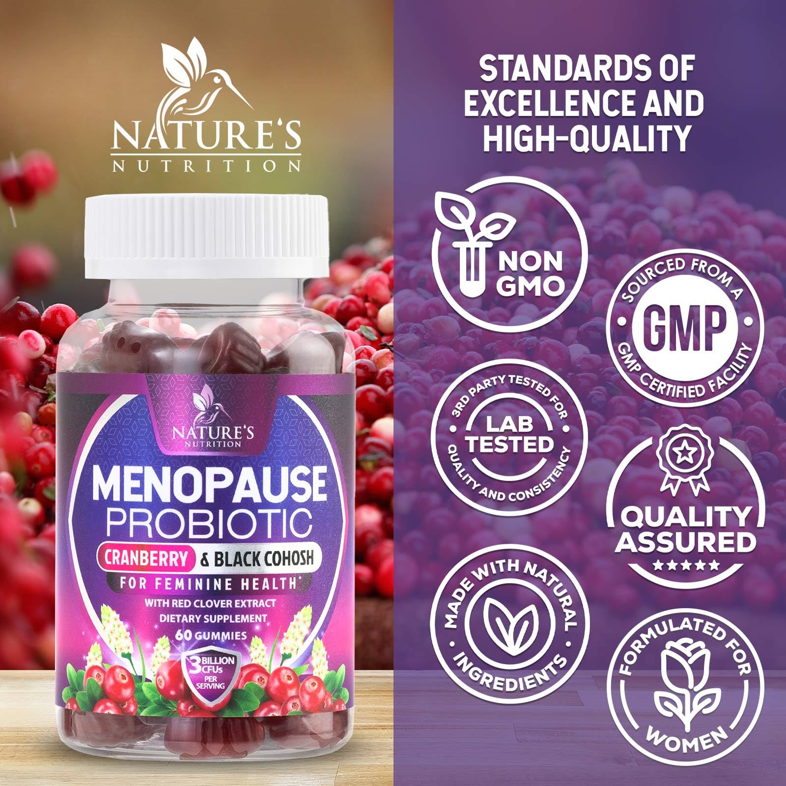 Menopause Probiotic Gummies for Women - Advanced Menopause Relief for Women with Black Cohosh - Complete Women's Probiotics Gummy Supplements for Mild Hot Flashes & Night Sweats Support - 60 Gummies
