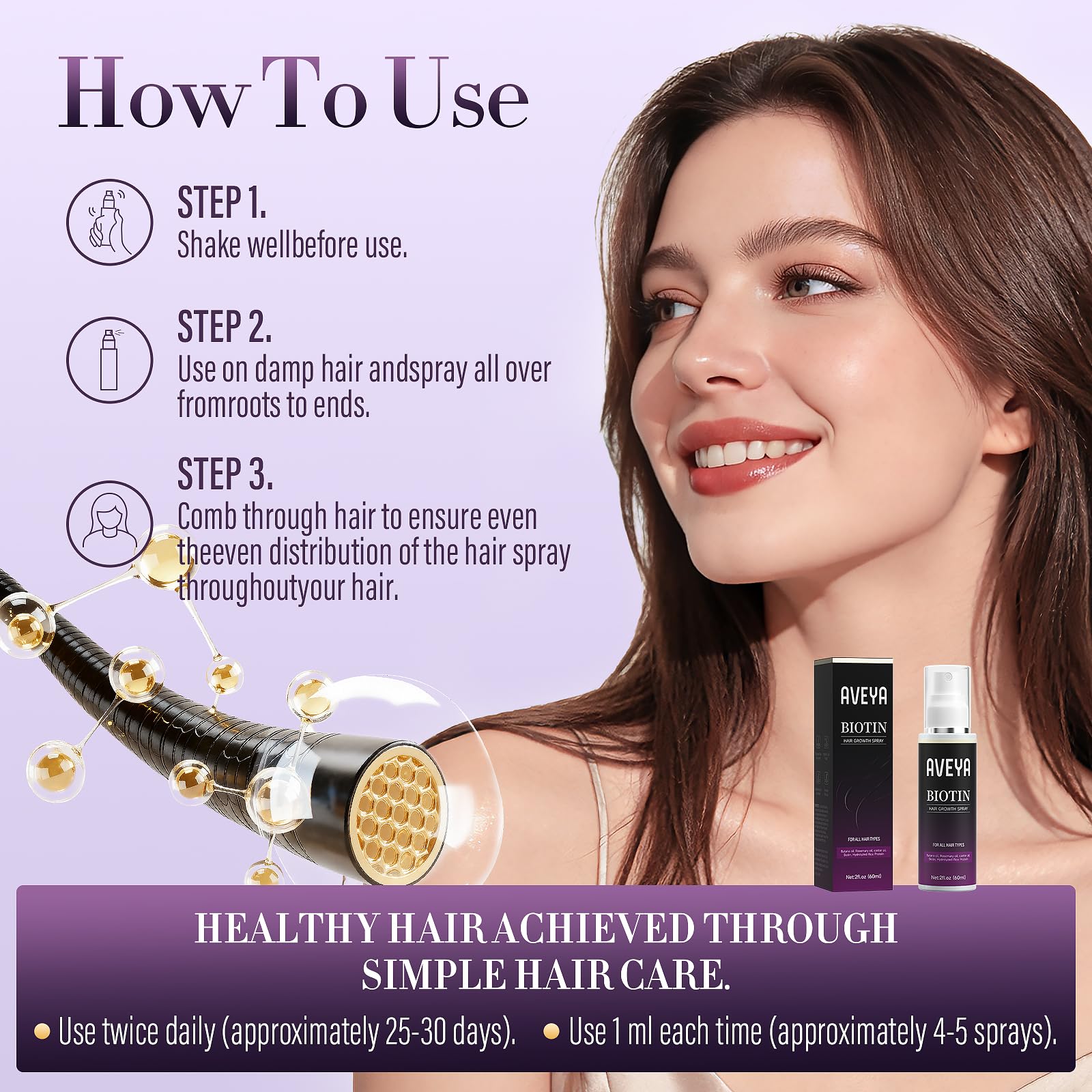 AVEYA Hair Growth Spray with rosemary oil, rice water, batana oil, and biotin for scalp, promoting thicker, stronger hair.