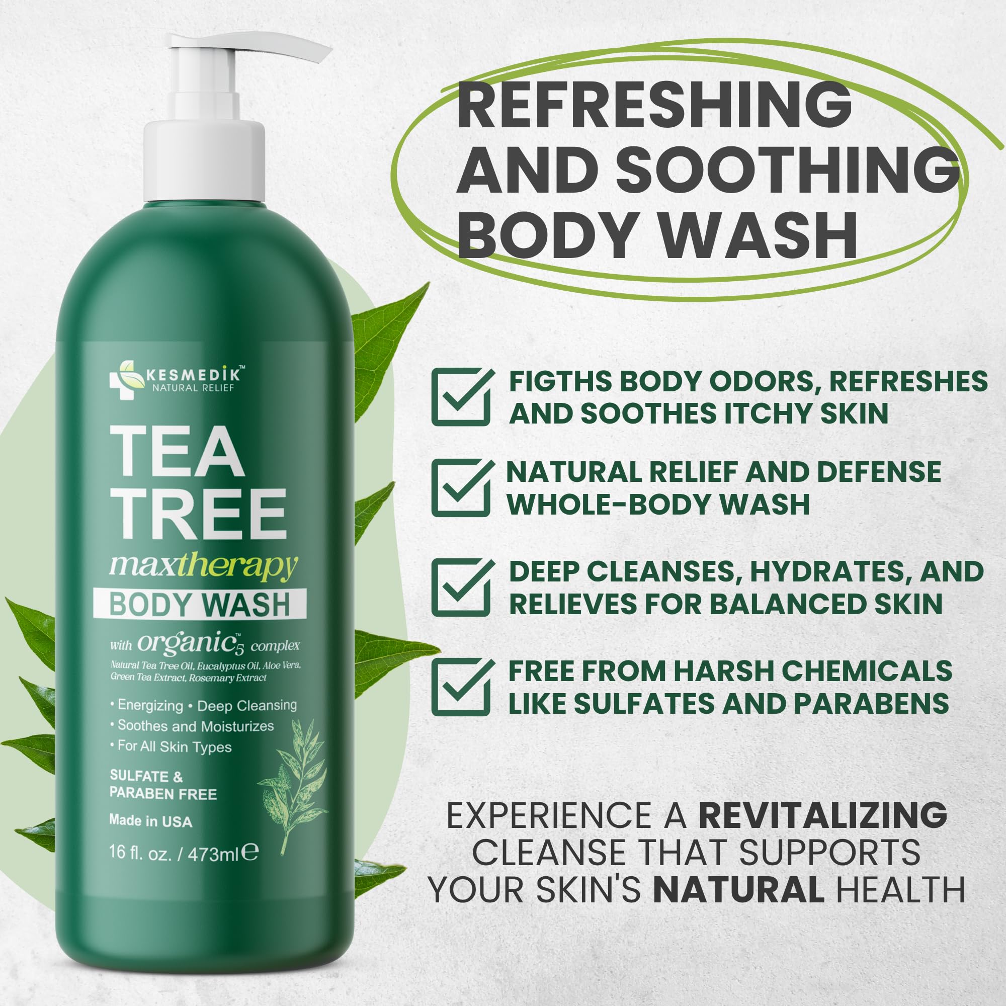 KESMEDIK Tea Tree Body Wash with 100% Tea Tree Oil, 16 oz bottle, featuring clear liquid and pump dispenser.