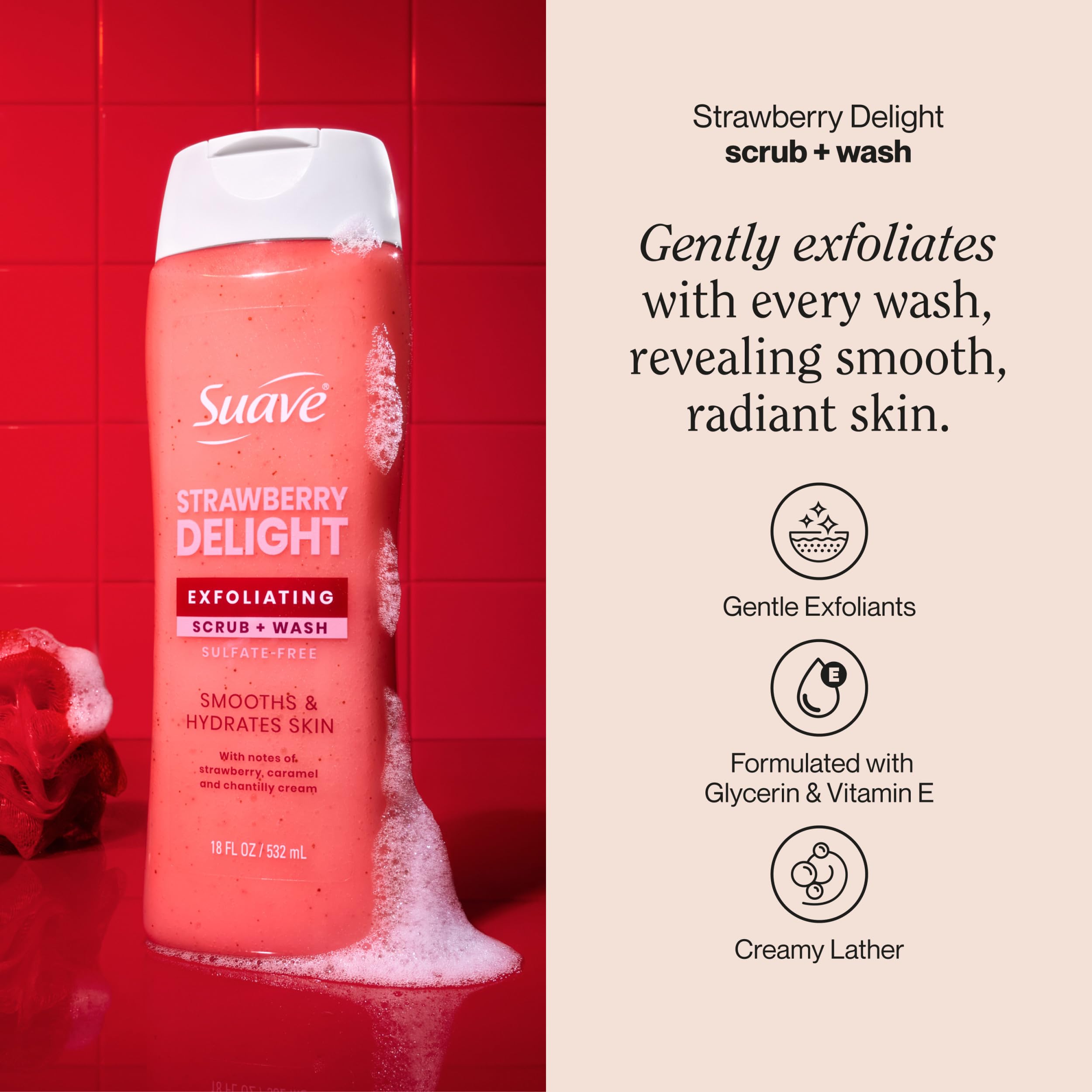 Suave Strawberry Delight Exfoliating Body Wash & Scrub with Glycerin & Vitamin E, Sulfate-Free Hydrating Cleanser for Soft, Smooth Skin, 18 FL OZ Pack of 6