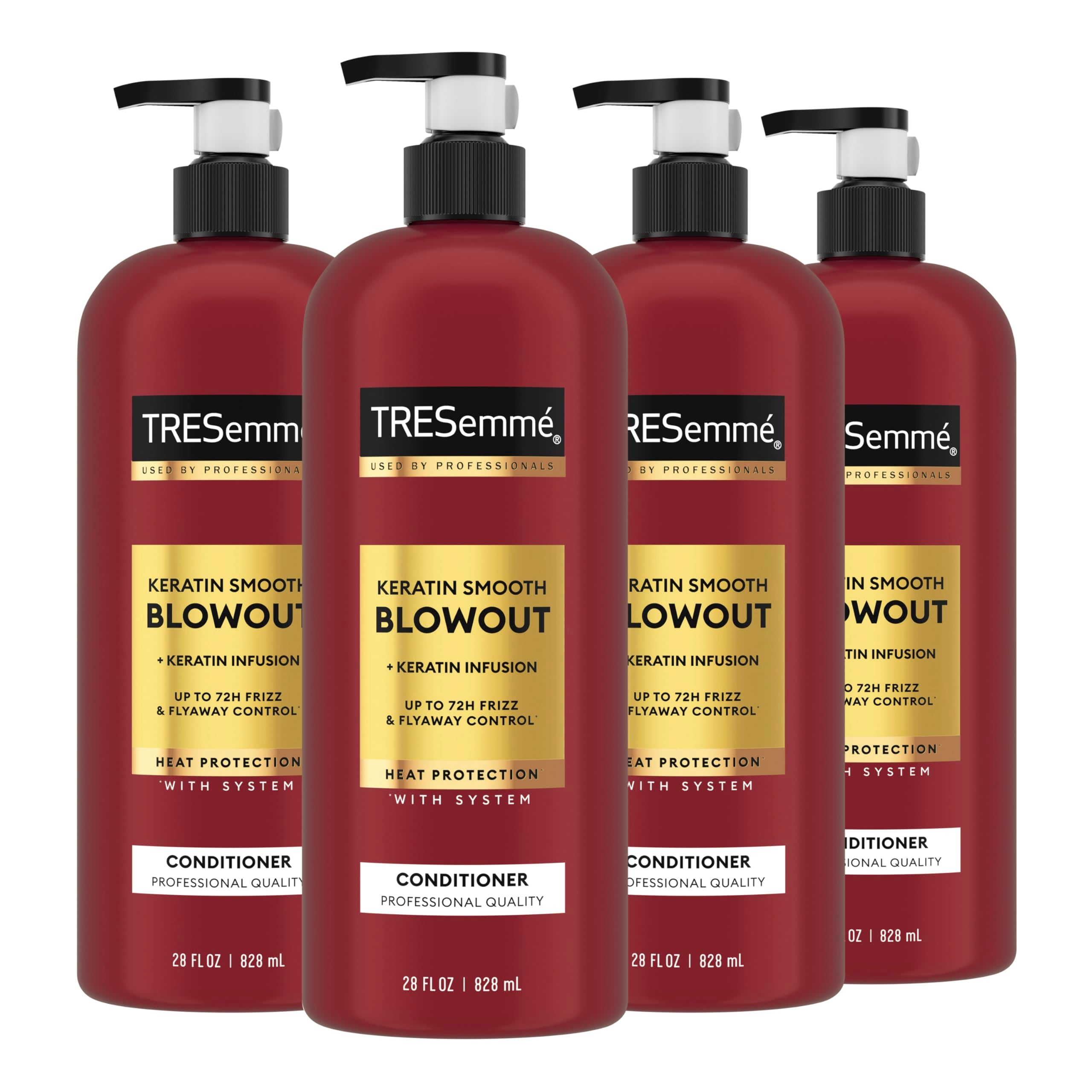 TRESemmé Keratin Smooth Conditioner 28 oz bottles, four-pack, featuring sleek hair and smooth, shiny hair with keratin-rich formula