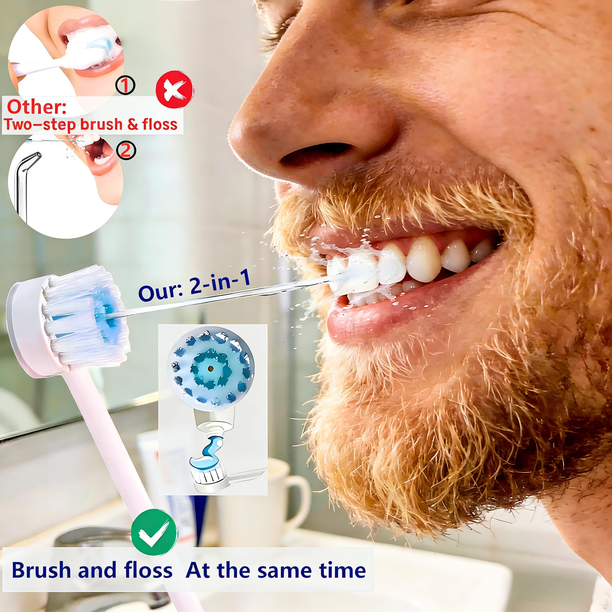 JDHAVMOS Waterpik compatible replacement brush heads for oral irrigator, three-pack, blue and white toothbrush heads.