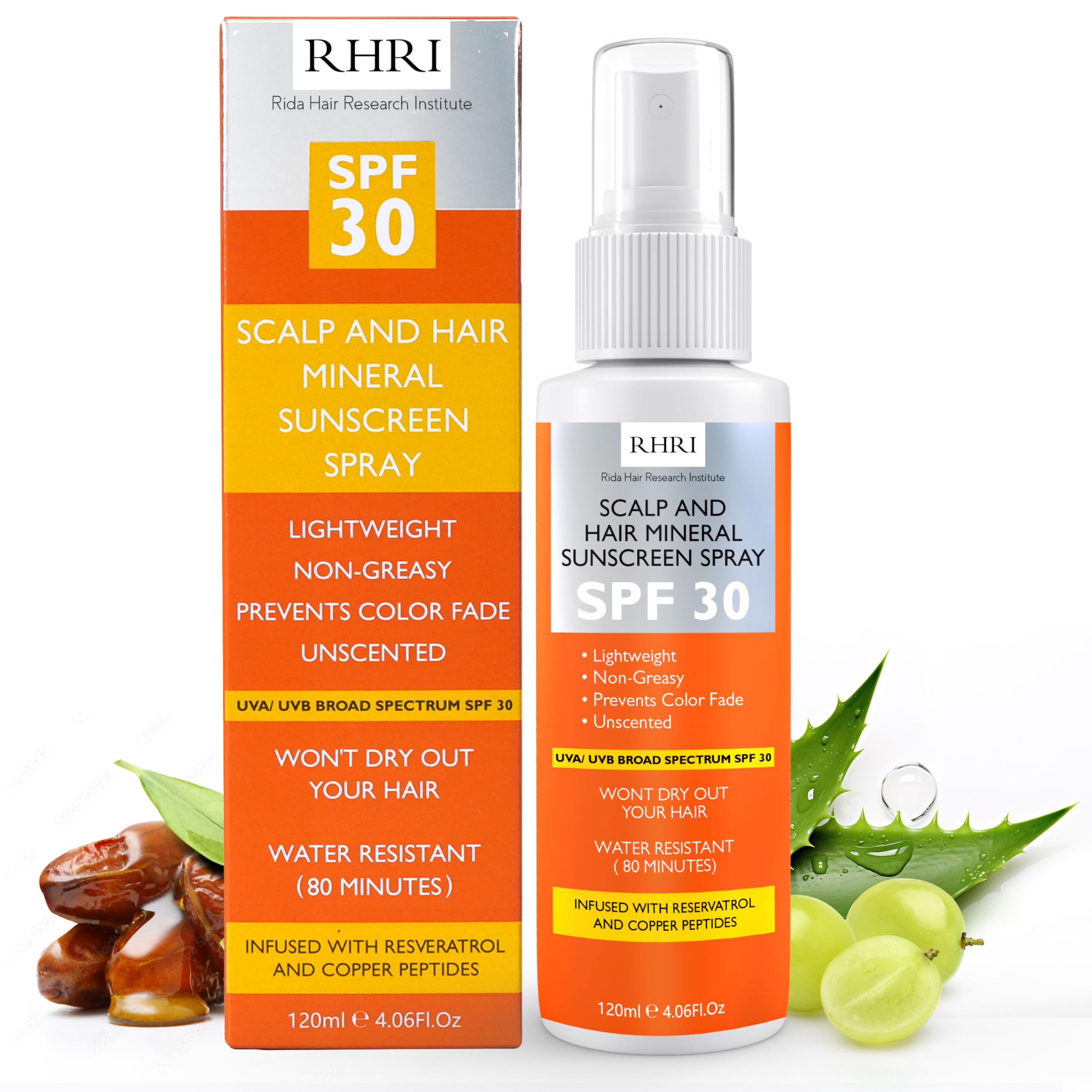 Rida Hair Research Institute SPF 30 Hair Sunscreen Spray bottle with UV protection for scalp and hair.