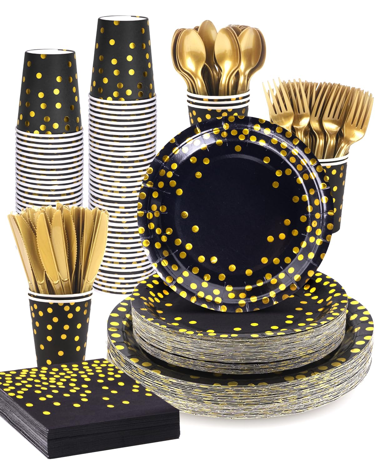 Lzerking 364pcs Black and Gold Party Supplies 52 Sets Disposable Dinnerware – product photo (Plates)