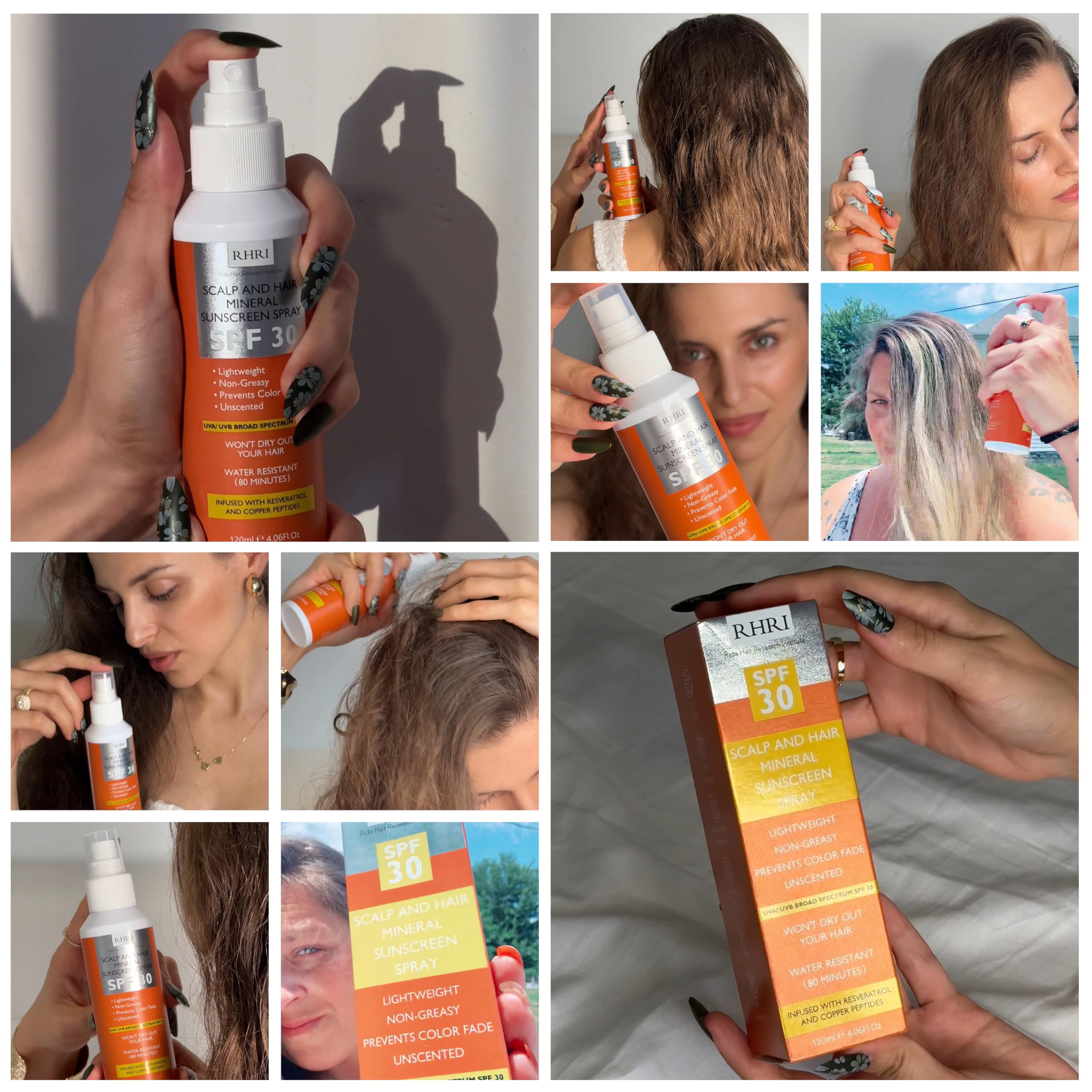 Rida Hair Research Institute SPF 30 hair and scalp sunscreen spray bottle with UV protection for sun exposure.