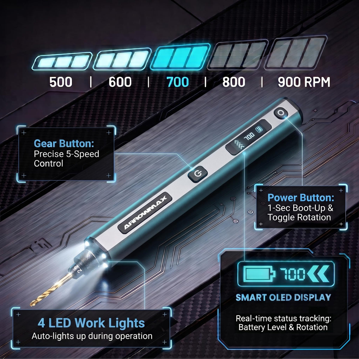 ARROWMAX 5-Speed Mini Electric Drill Pen with 20pcs Drill Bits & OLED – close-up detail