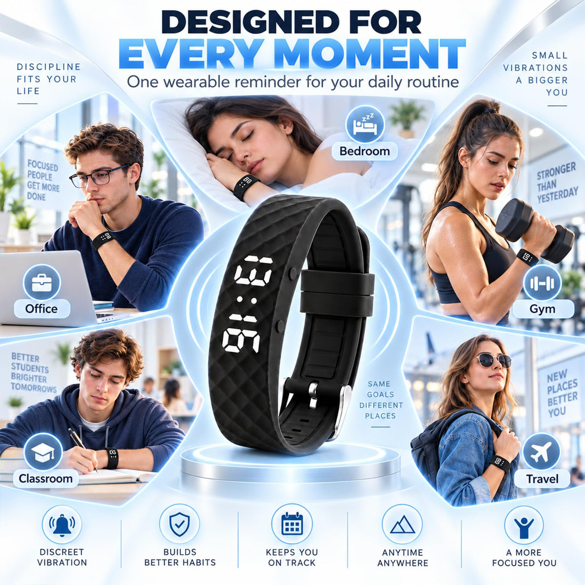 GPQVTVM Alarm Clock for Heavy Sleepers Vibrating Wristband Bracelet Watch Silent – back view and specifications