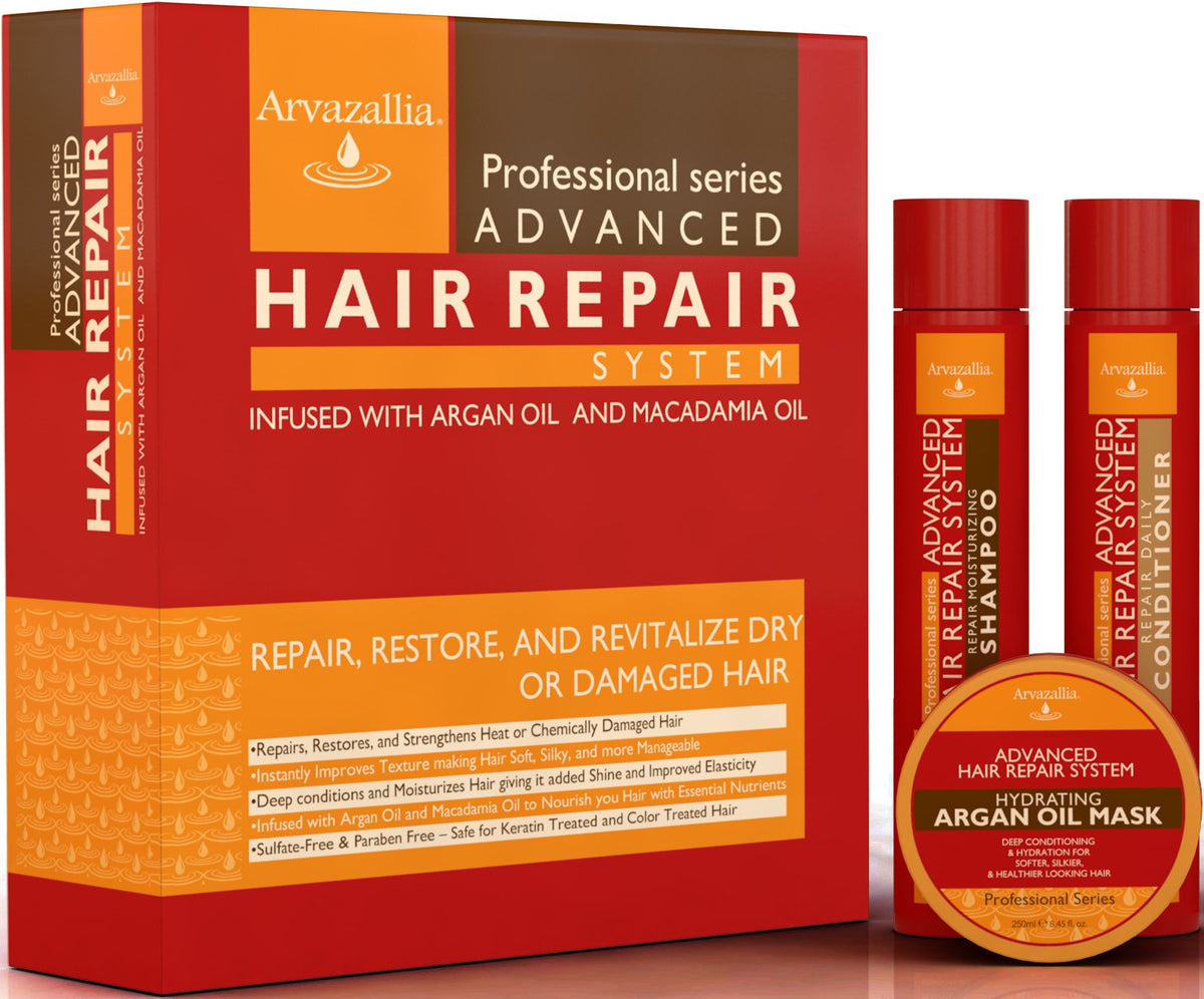Advanced Hair Repair Shampoo, Conditioner and Deep Conditioner Mask System Set for Dry or Damaged Hair with Argan and Ma