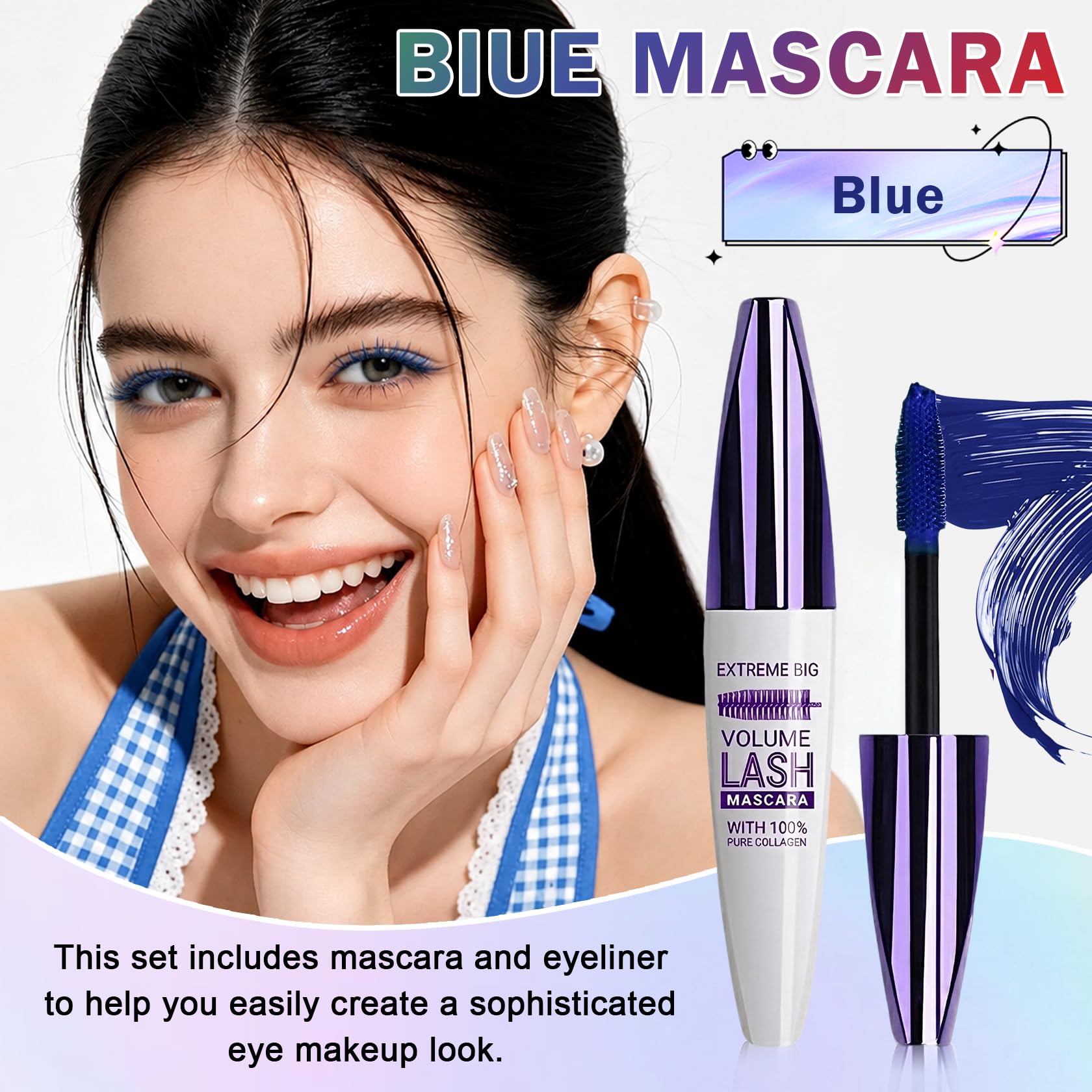 Rosawee 5D Blue Waterproof Mascara with volumizing and lengthening brush, showcasing bold, vibrant blue lashes.