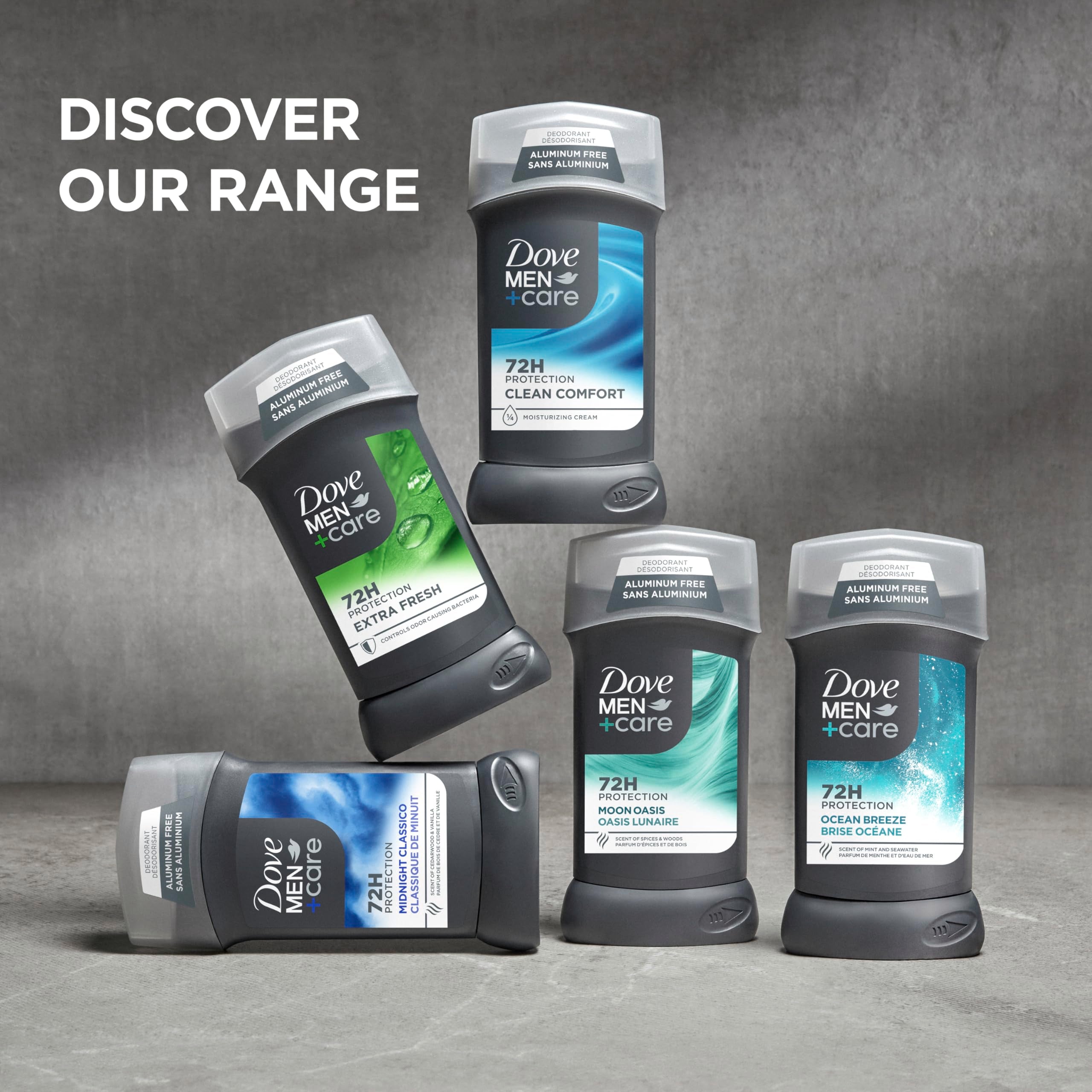 Dove Men+Care Extra Fresh deodorant stick 3 oz, four-pack, showing the sleek white container with blue accents.