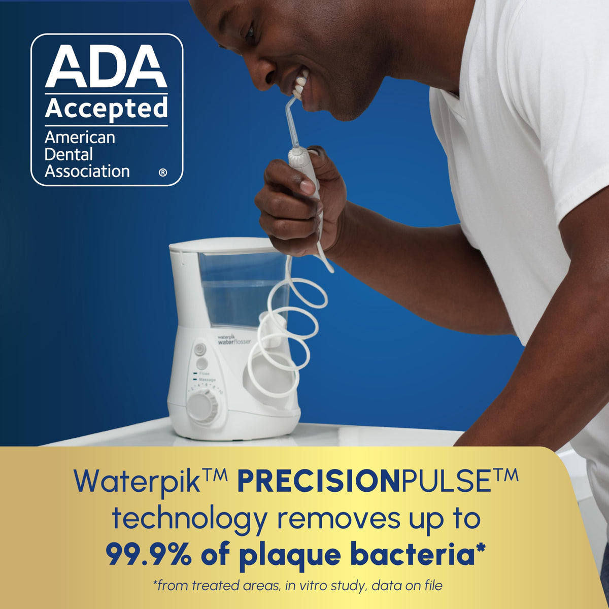 Waterpik Aquarius Countertop Water Flosser with 10 Settings, 7 Tips, White – packaging and label