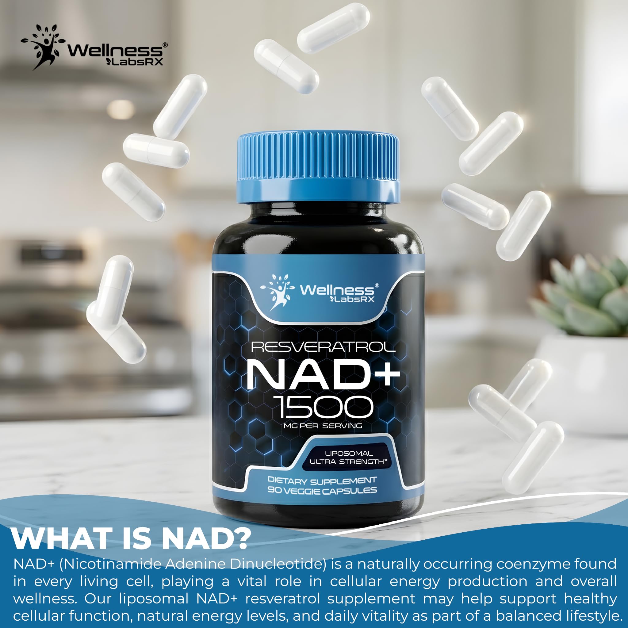 Wellness LABSRX Liposomal NAD Supplement, 1500mg - NAD Resveratrol Supplement for Women and Men, NAD+ Support Cellular Health, Energy & Anti Aging - 90 Count