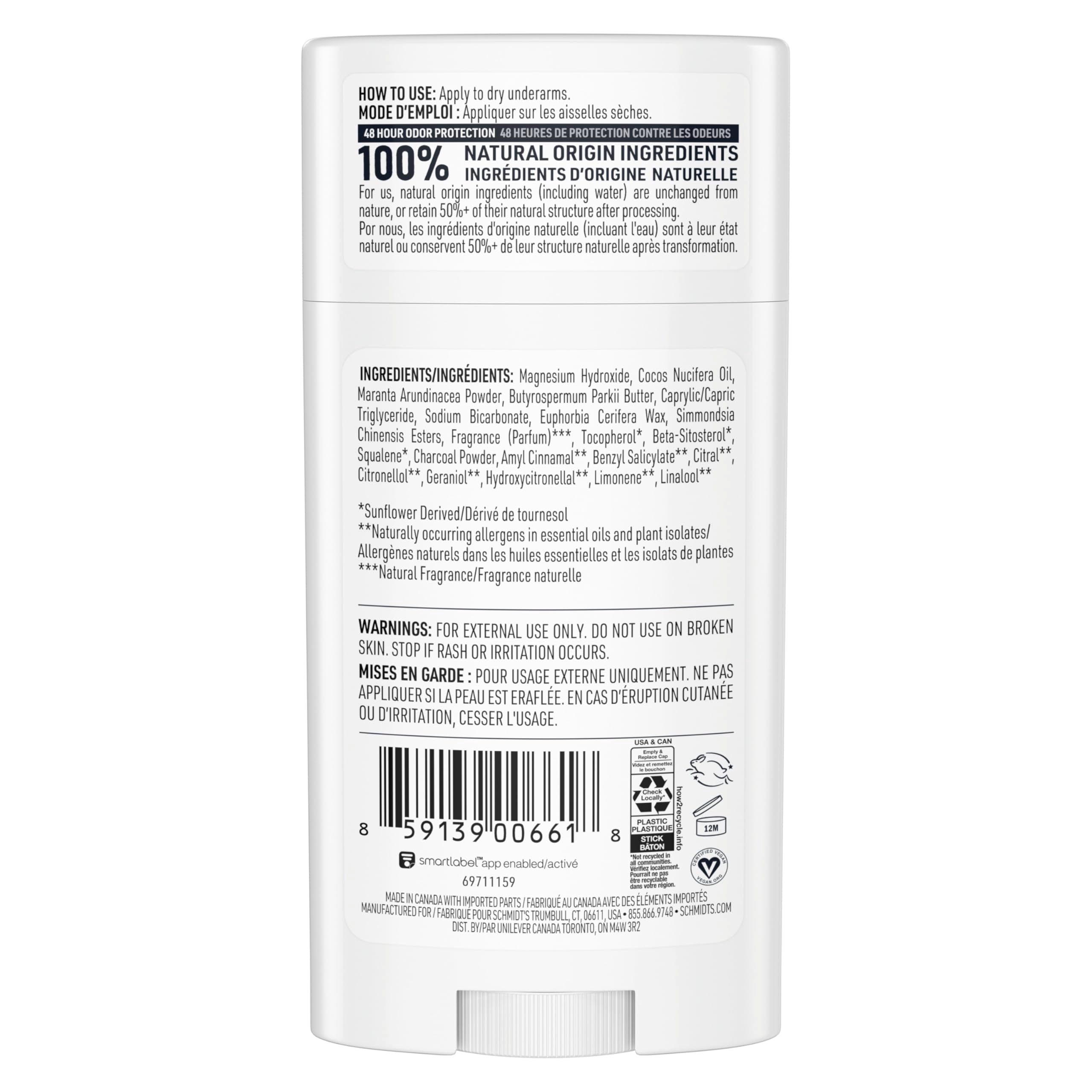 Schmidt's vegan deodorant with charcoal and magnesium in a 2.65 oz stick, featuring natural ingredients for odor protection.