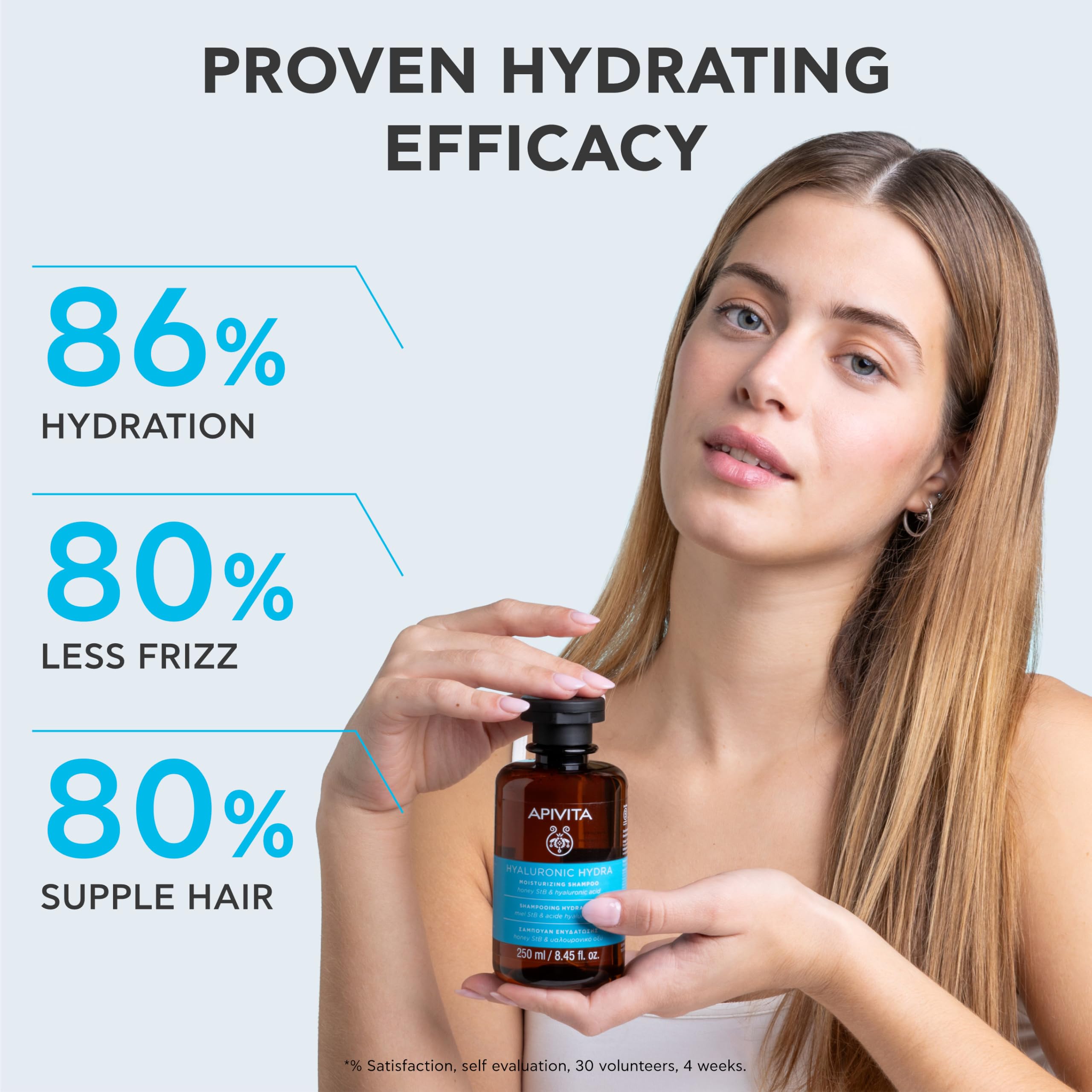 Apivita Hyaluronic Hydra Shampoo with honey and hyaluronic acid, showcasing the nourishing shampoo bottle with floral accents.
