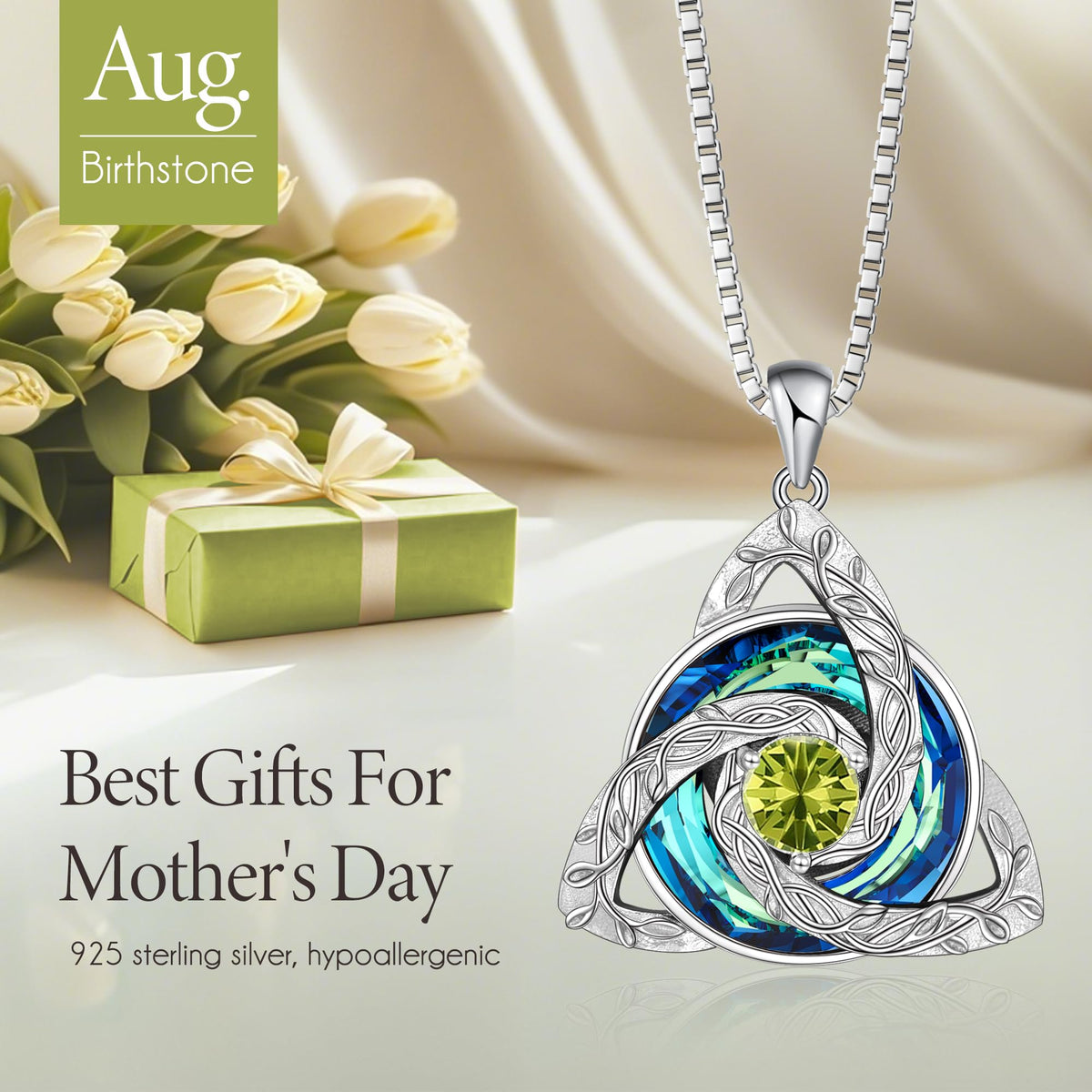 Distance Celtic Birthstone Necklace for Women, S925 Sterling Silver Trinity Knot Triquetra Austria Crystal Pendant, Birt