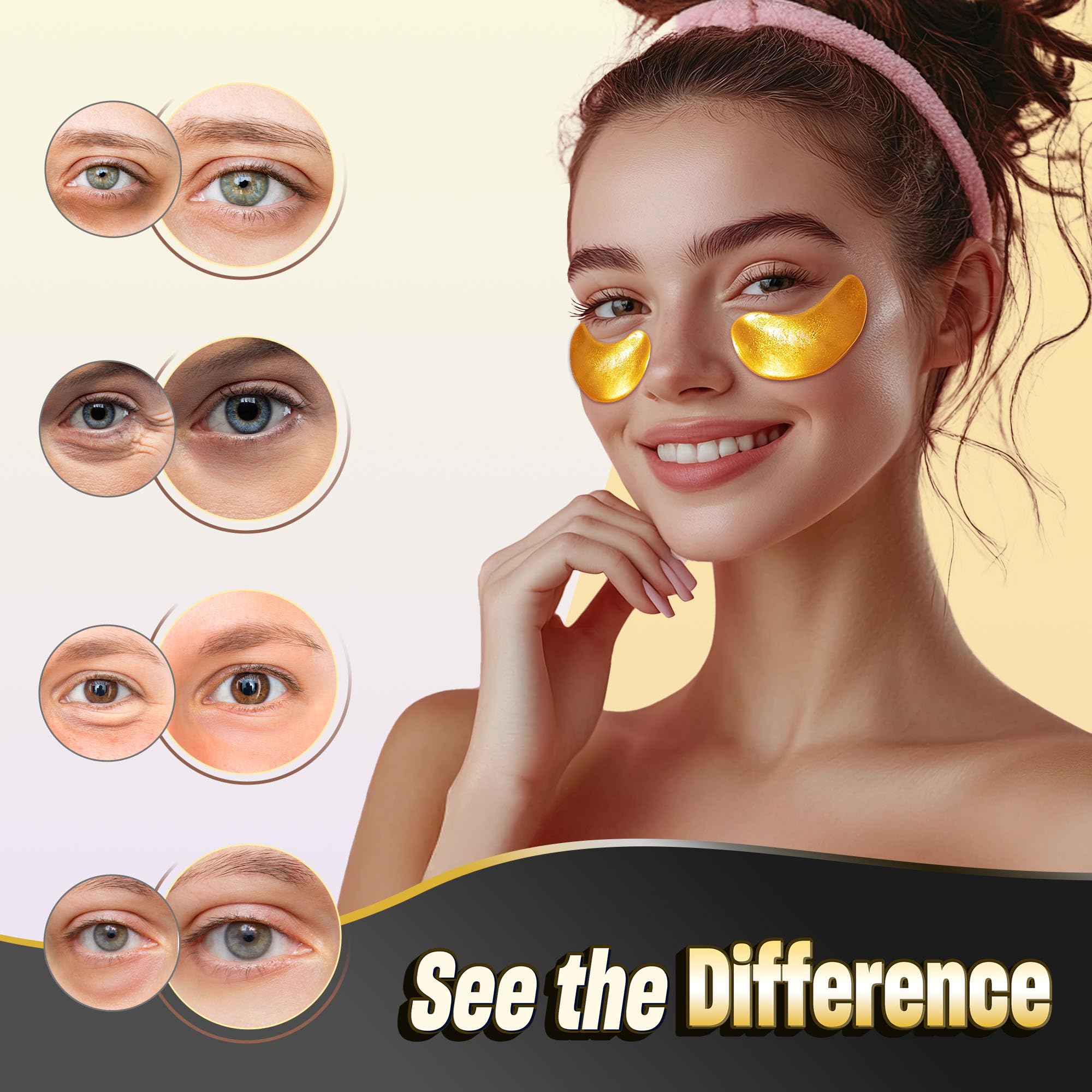 NAZANO 24K Gold Under Eye Patches in a 60-pack, hydrogel skin treatment mask for revitalizing and reducing puffiness around eyes.
