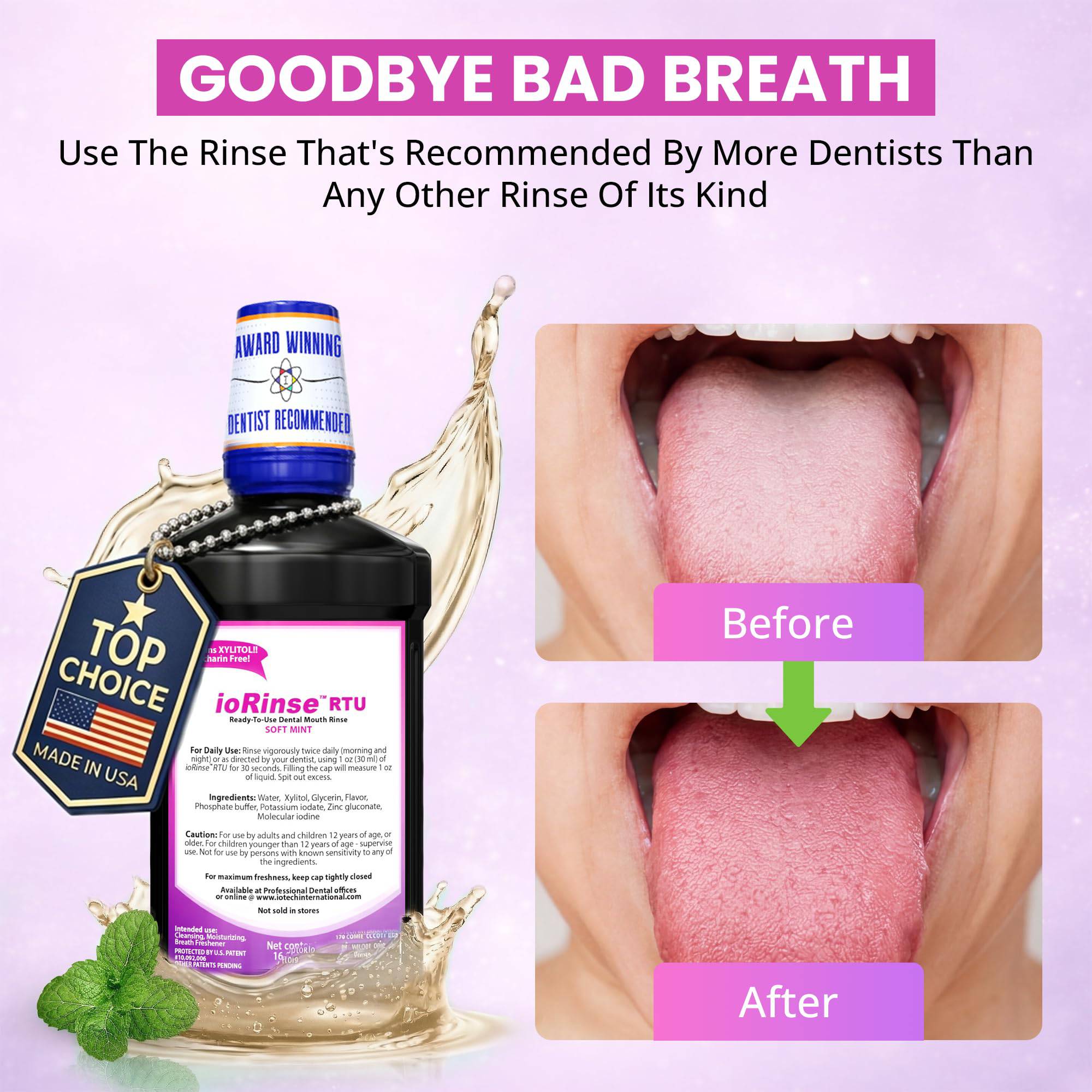 Iotech International ioRinse RTU Molecular Iodine Mouthwash in soft mint flavor, showing the bottle with label and mint leaves.