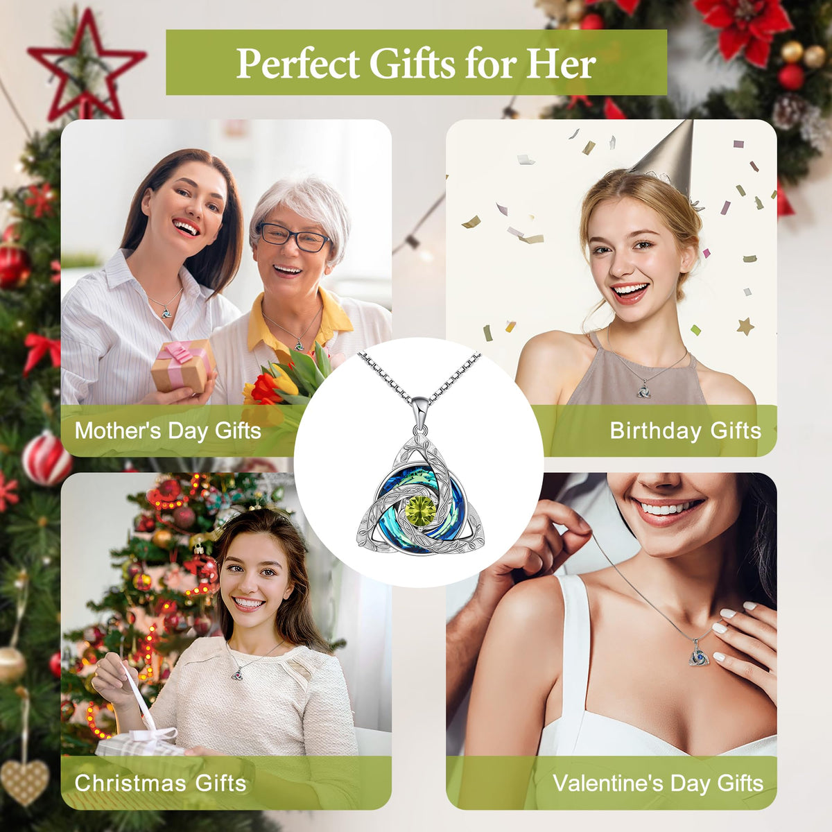 Distance Celtic Birthstone Necklace for Women, S925 Sterling Silver Trinity Knot Triquetra Austria Crystal Pendant, Birt