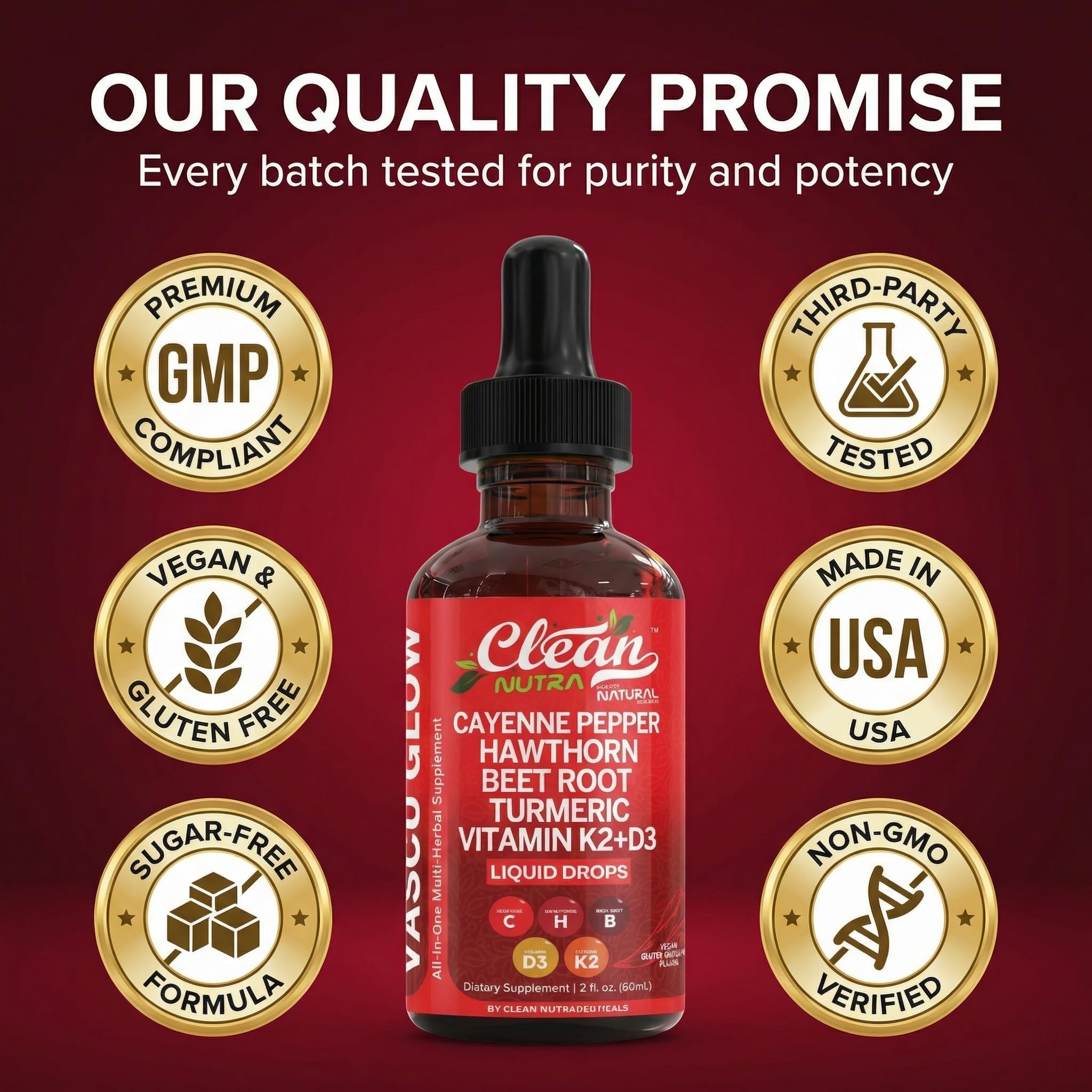 Clean Nutra Cayenne Pepper Drops herbal supplement bottle from Clean Nutraceuticals, featuring cayenne pepper drops for vascular health.