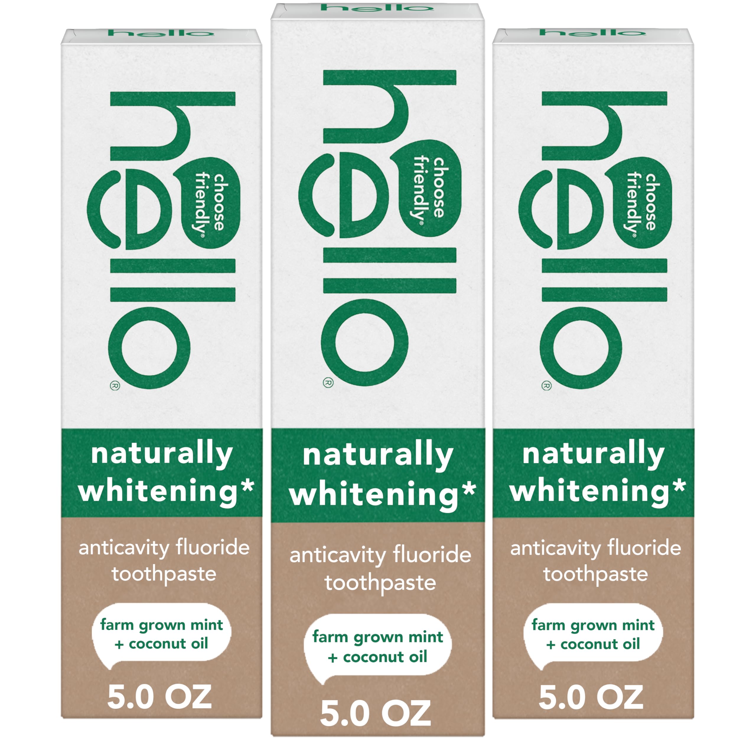 Hello Naturally Whitening Anticavity Fluoride Toothpaste, 5 Oz Tube, Natural Whitening Toothpaste with Coconut Oil, Whitens Naturally and Helps Remove Surface Stains, SLS Free, Vegan, Mint, 3 Pack