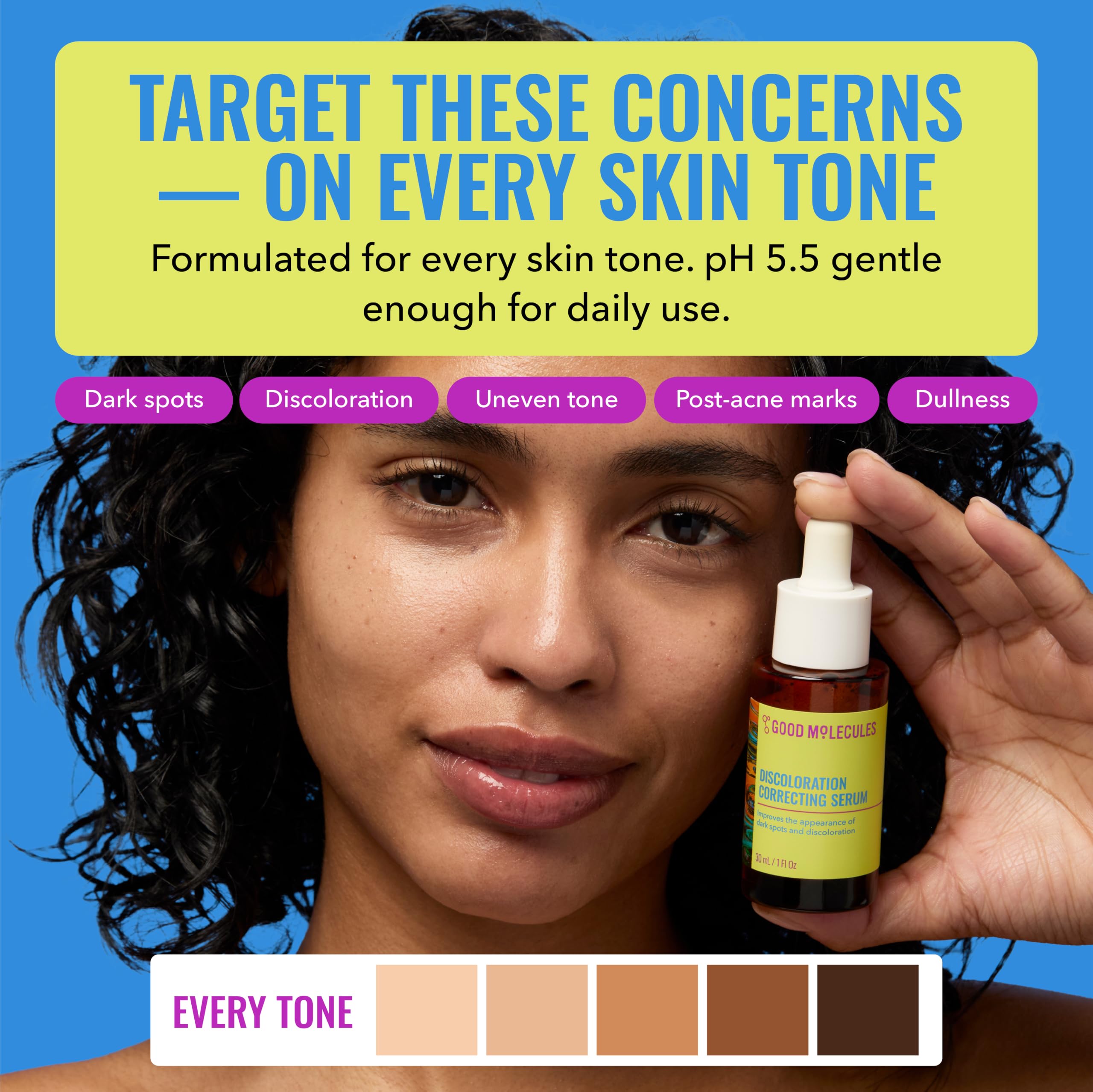 Good Molecules discoloration correcting serum in a 2.5 fl oz bottle, designed to target dark spots and improve skin tone.