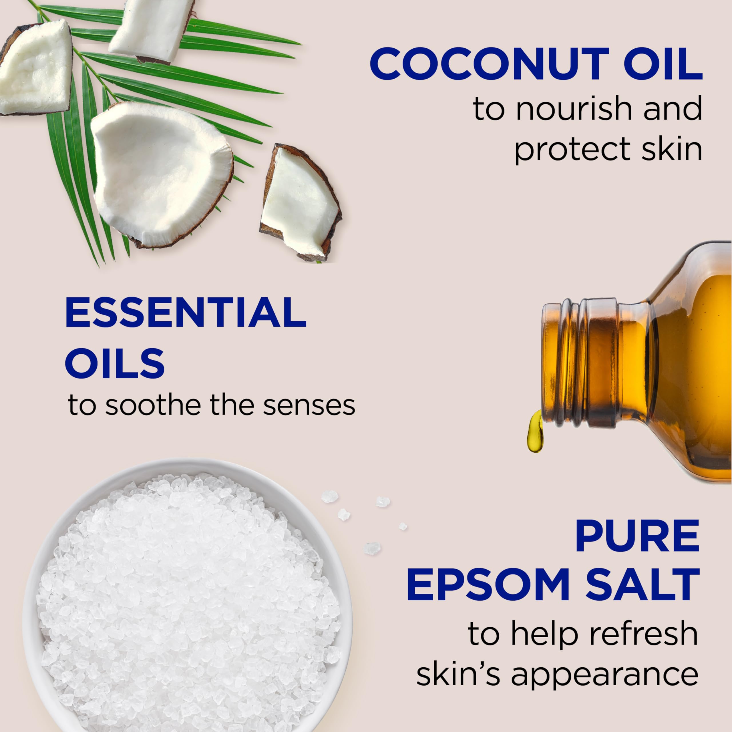 Dr Teal's foaming bath with Epsom salt and coconut oil, 34 fl oz bottle, showing the bath product with a calming spa setting