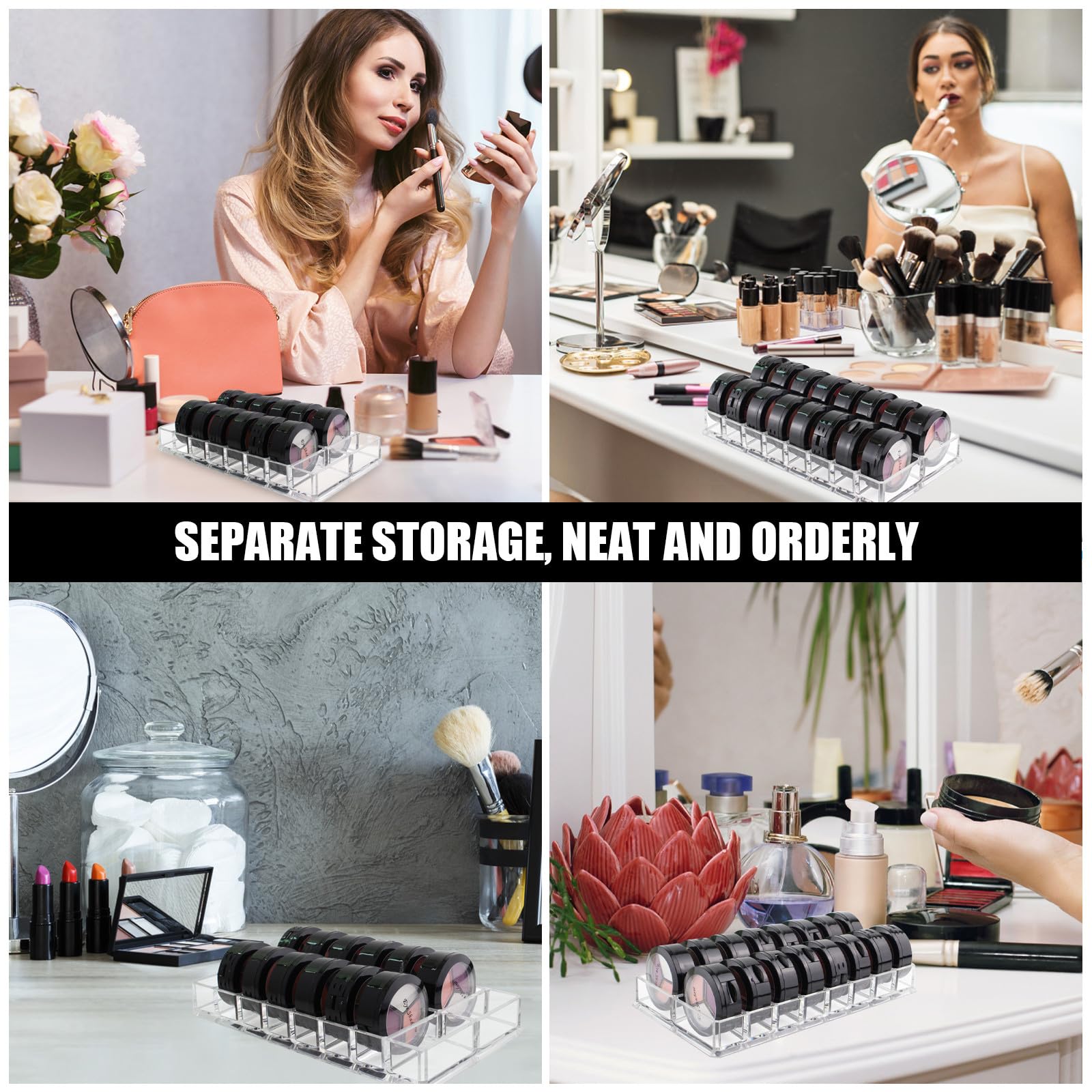 VILLCASE acrylic makeup storage caddy with 16 compartments for blush, eyeshadow, and cosmetics, ideal for vanity and travel.