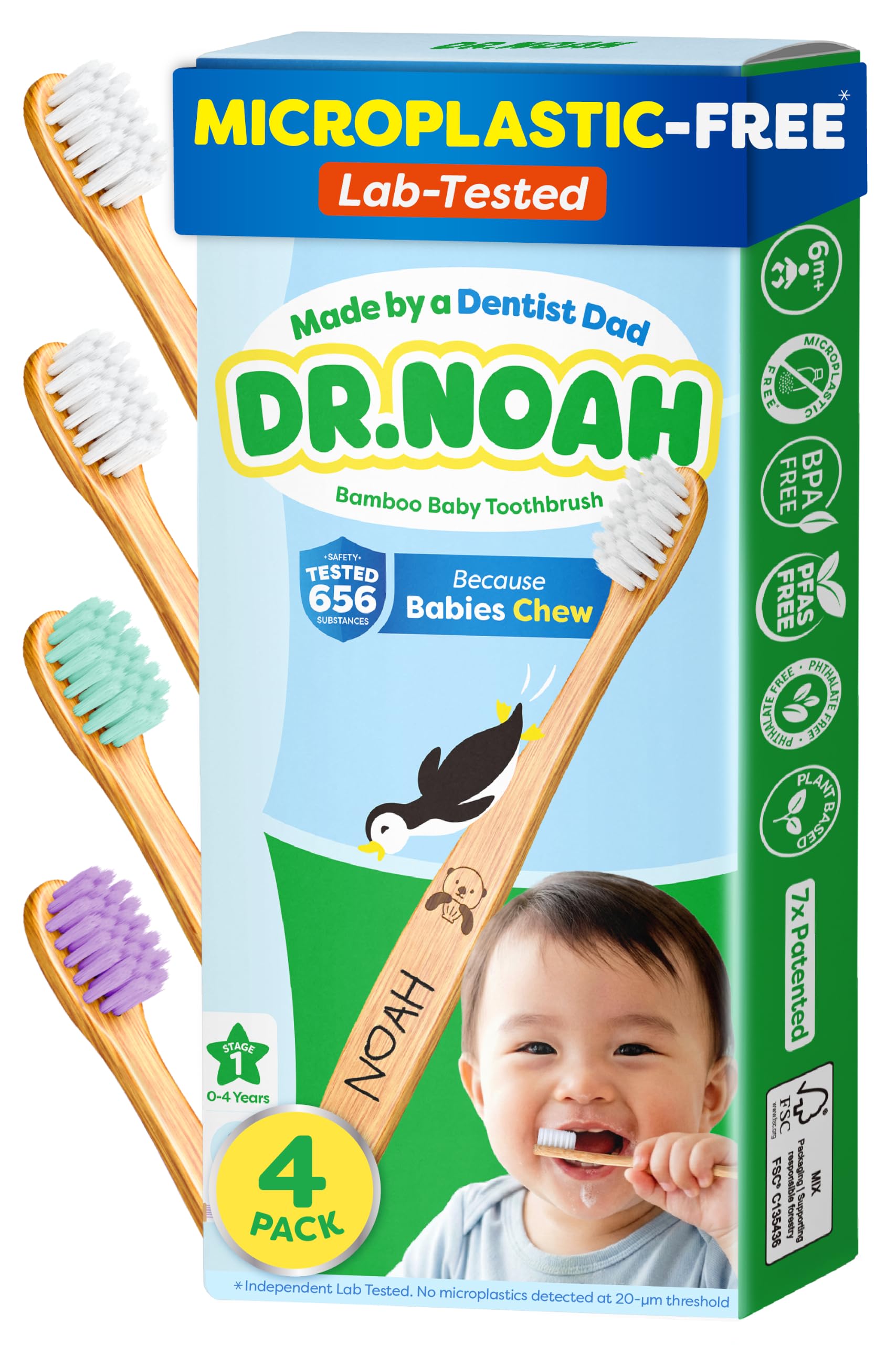 Dr. Noah Microplastic-Free Bamboo Baby Toothbrush, Dentist - Product Imagery