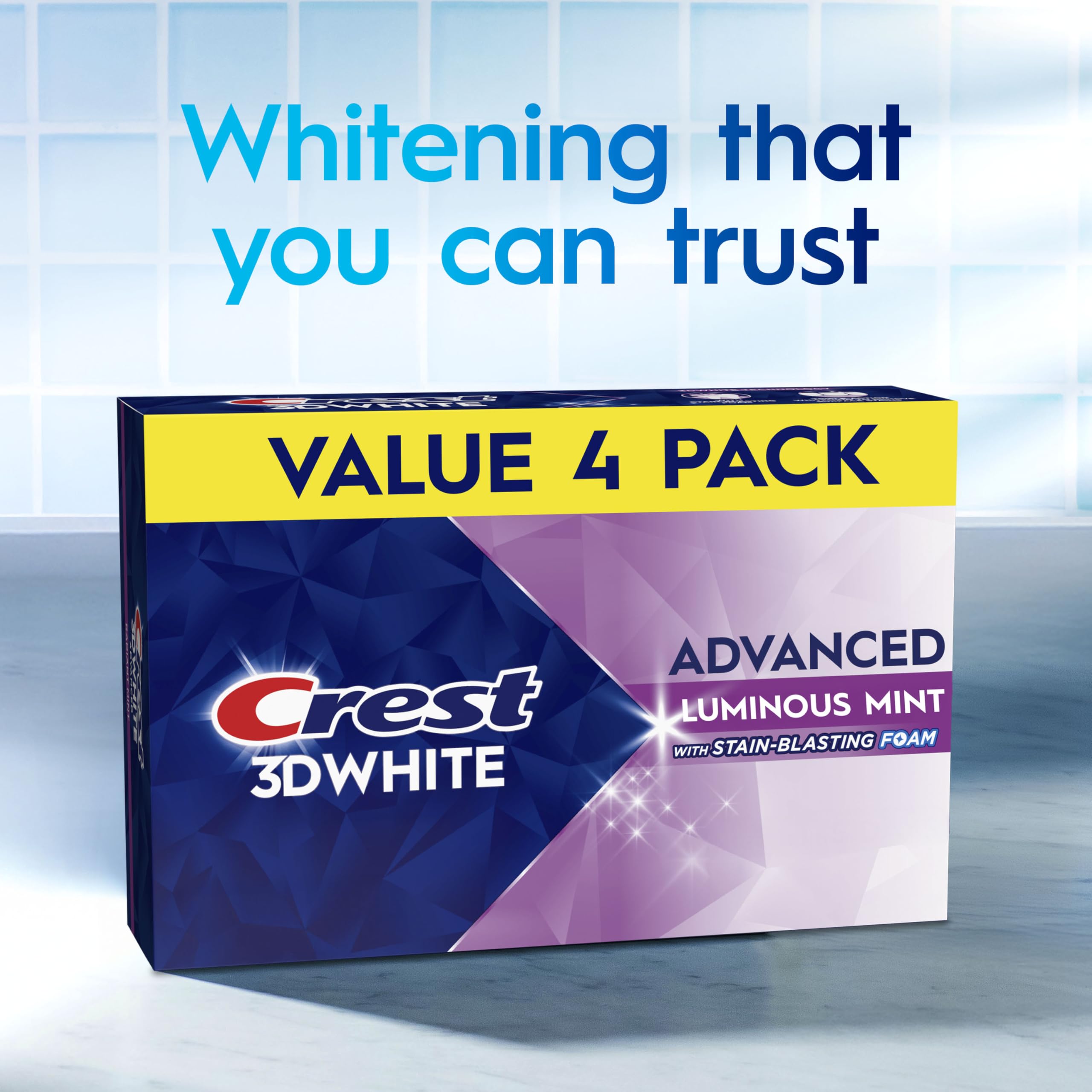 Crest 3D White Advanced, Teeth Whitening Toothpaste for Adults, 3.7 oz, 4 Pack, Cavity Protection Fluoride Toothpaste, Strengthens Enamel, Travel Size Toiletries