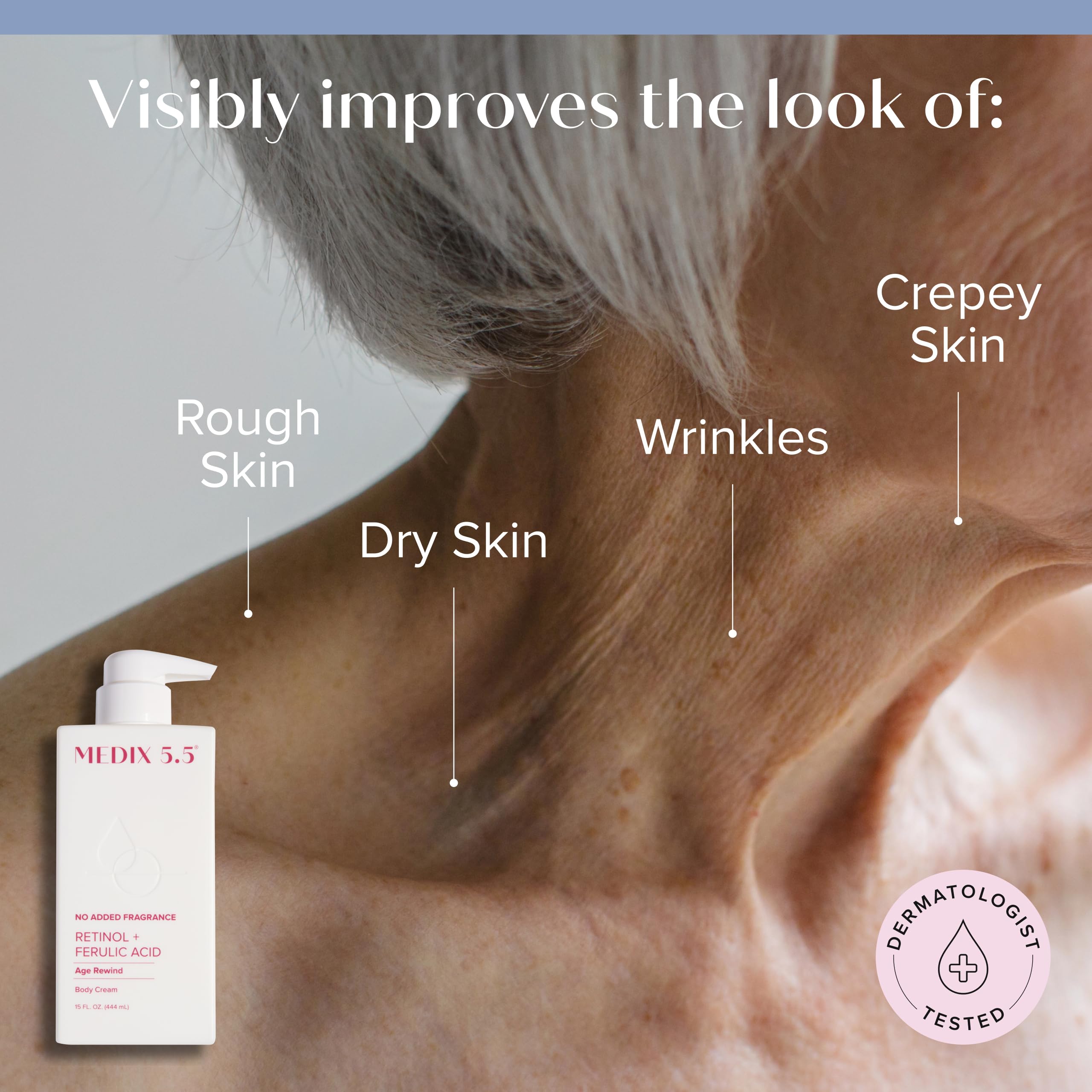 Medix 5.5 fragrance-free retinol face moisturizer and body lotion for crepey skin, wrinkles, and fine lines in a 15 oz bottle.