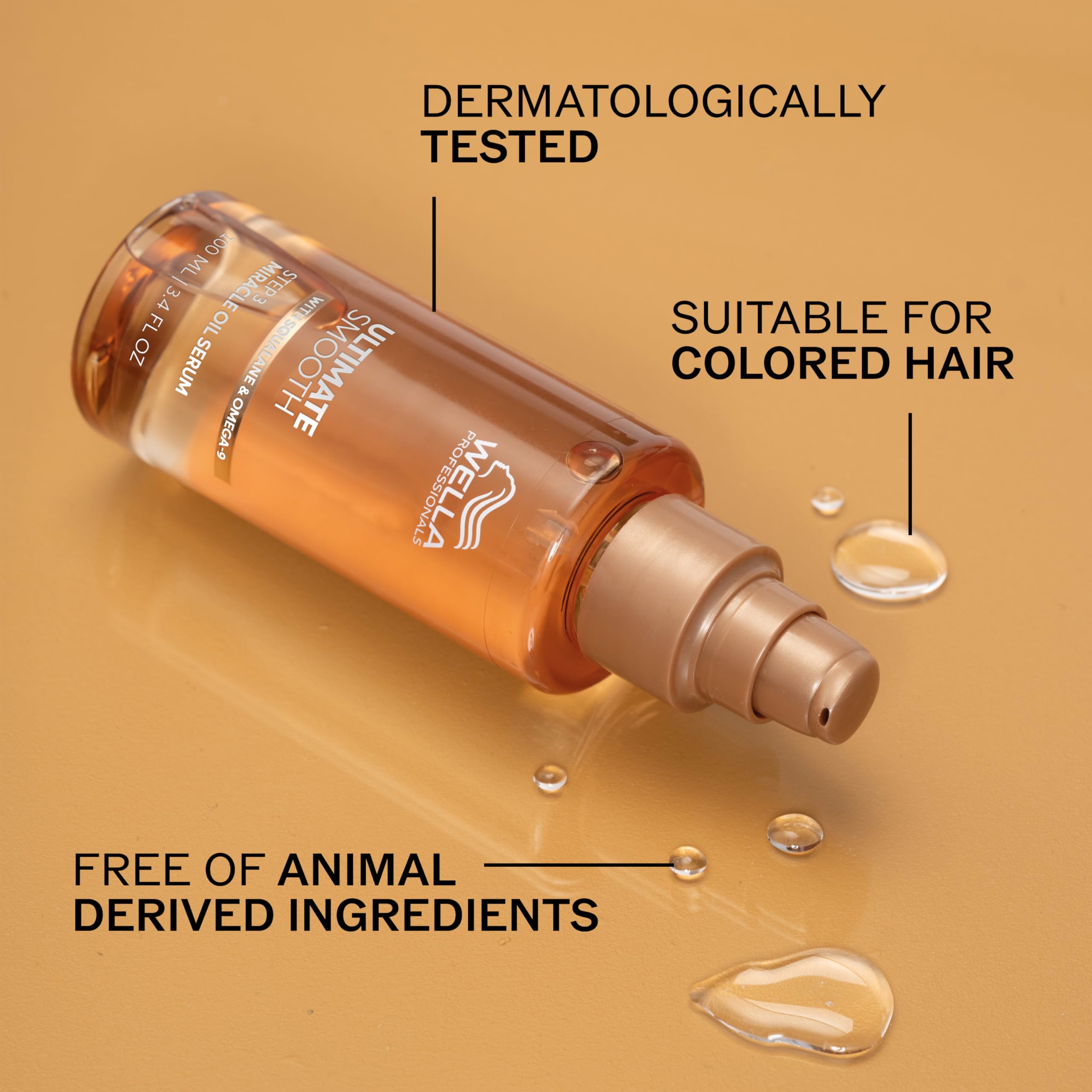 Wella Professionals Ultimate Smooth Miracle Oil Serum with squalane, a hair styling agent in a sleek bottle, designed to smooth and nourish hair.