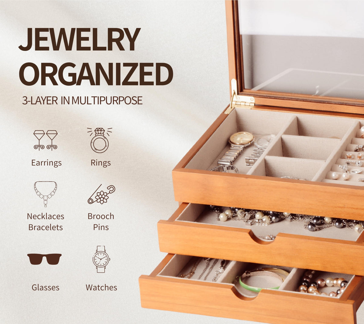 Clasin Home Jewelry Box with Glass Lid, 3 Layer Jewelry Organizer for Women, Solid Wooden Jewelry Box Display for Ring E