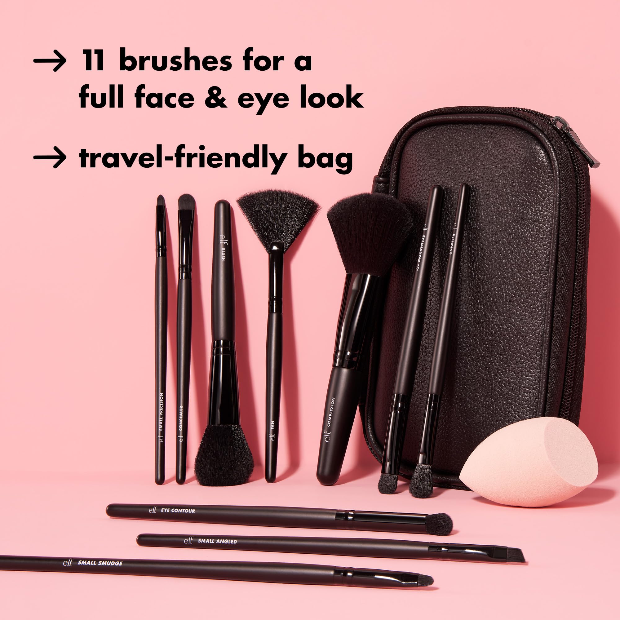 e.l.f. Full Face and Eye Makeup Brush Set with travel case, includes 11 vegan, cruelty-free cosmetic brushes for complete makeup application