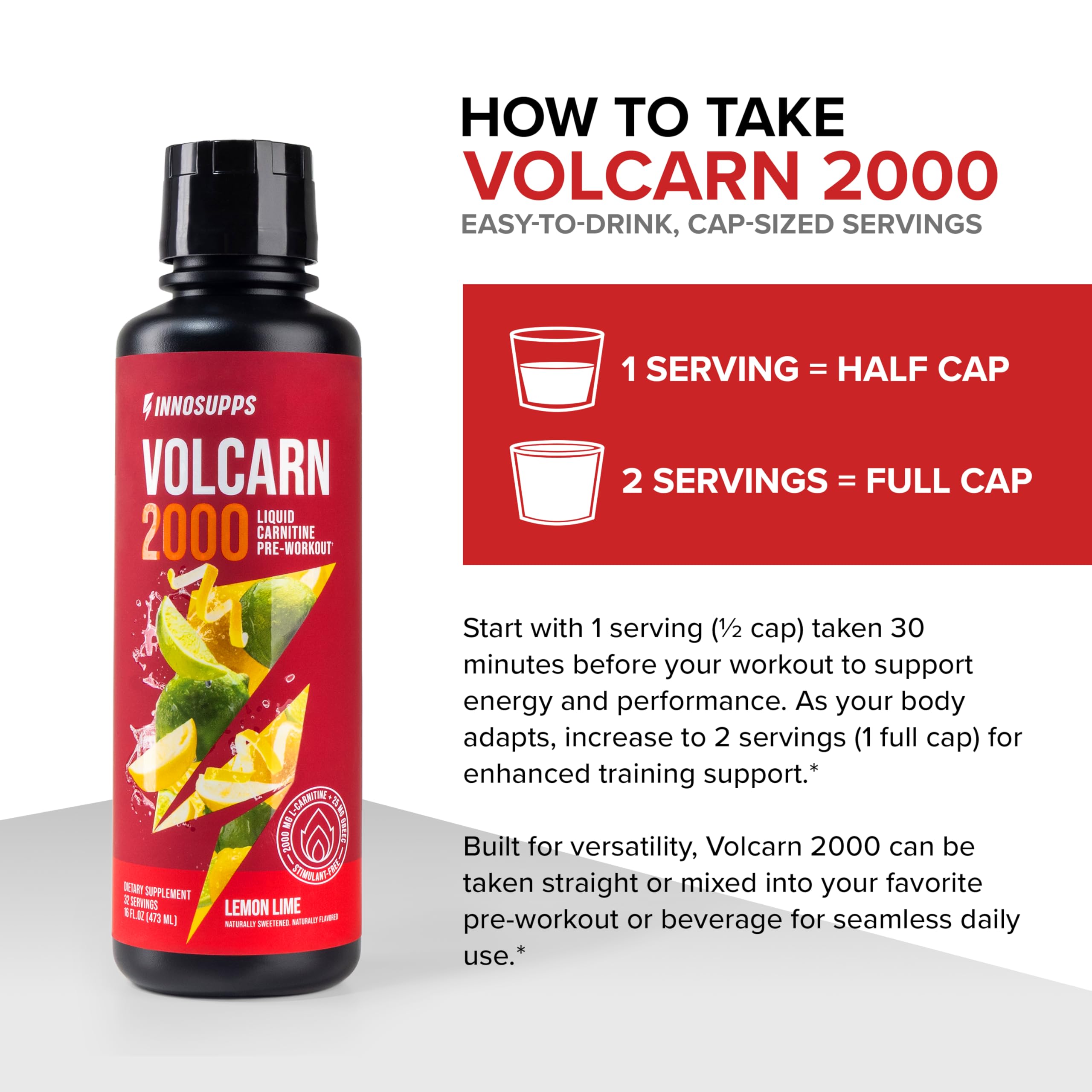 Volcarn 2000 L-Carnitine Liquid Energy, Lemon Lime, 32 Servings